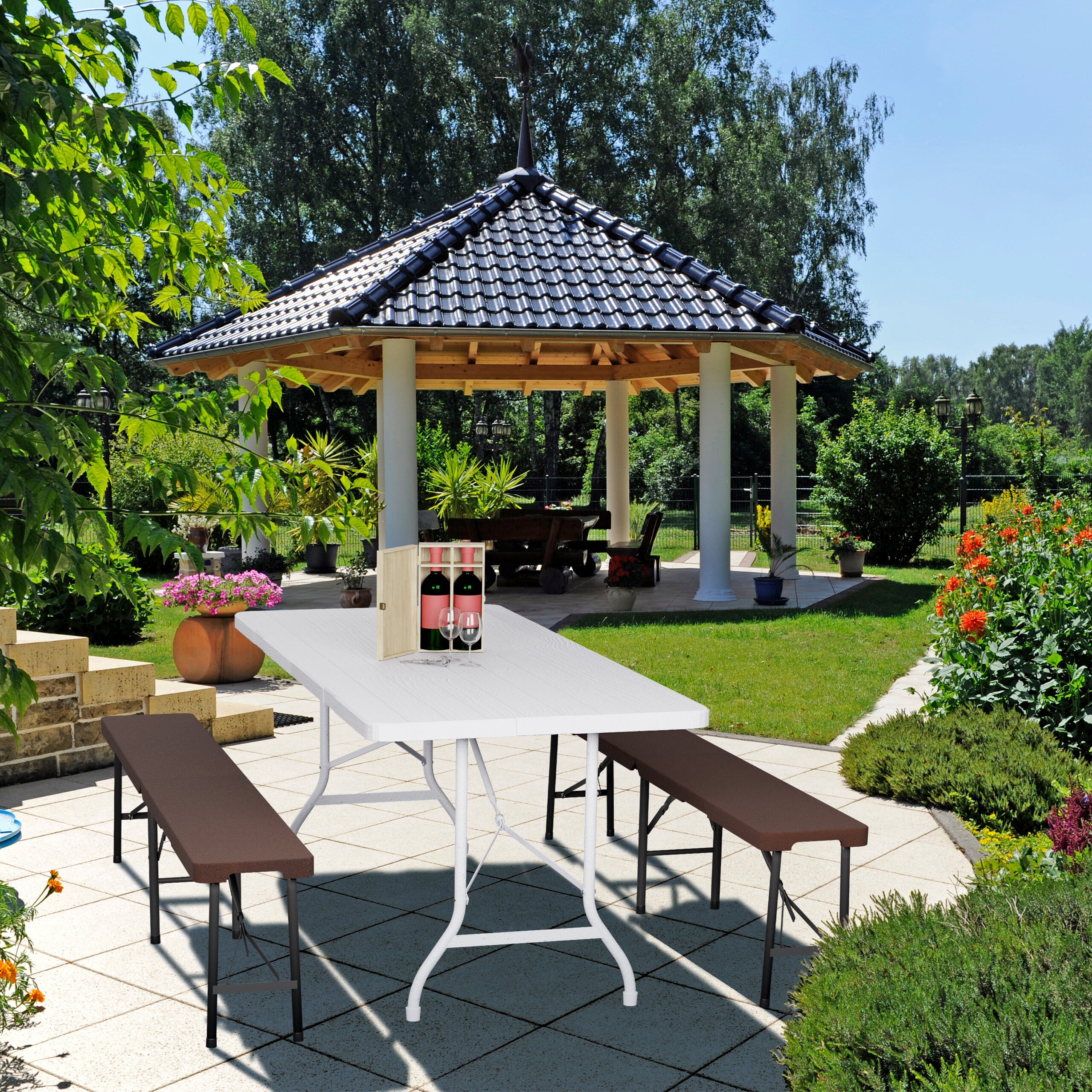 Set 2 Panchine Pieghevoli Da Giardino - Plastica Marrone, 100x42x25cm, 150kg Portata - Foto 14