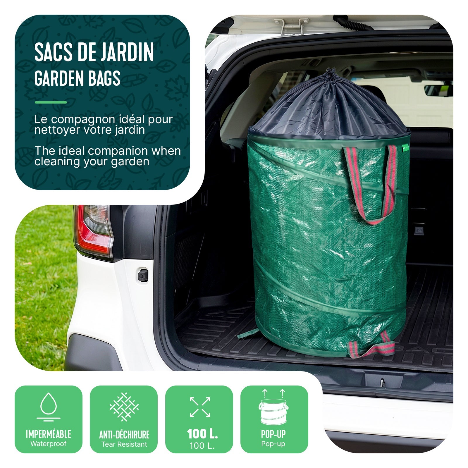 VOUNOT® 3 x 100L Borsa da Giardino per Foglie, Sacchi da Giardinaggio Pop Up, Sacco per Rifiuti da Giardino con Maniglie - 6