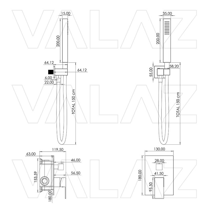 Valaz Douche carrée encastrée à levier unique en or brossé - Série Tajo - 3