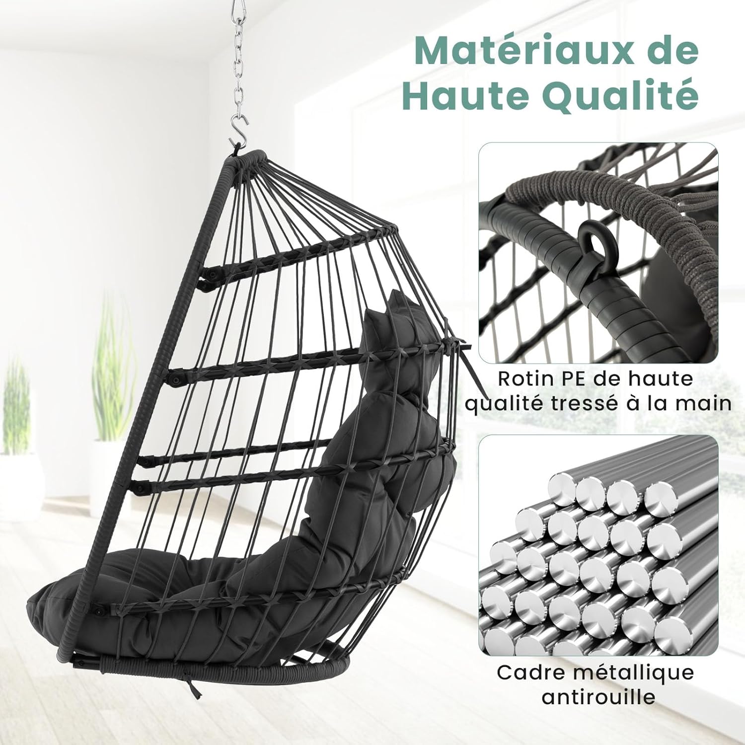 Silla colgante tipo huevo, columpio con almohada y cojín suave, silla colgante de ratán sintético, diseño plegable, capacidad de 150 kg (gris) - 3