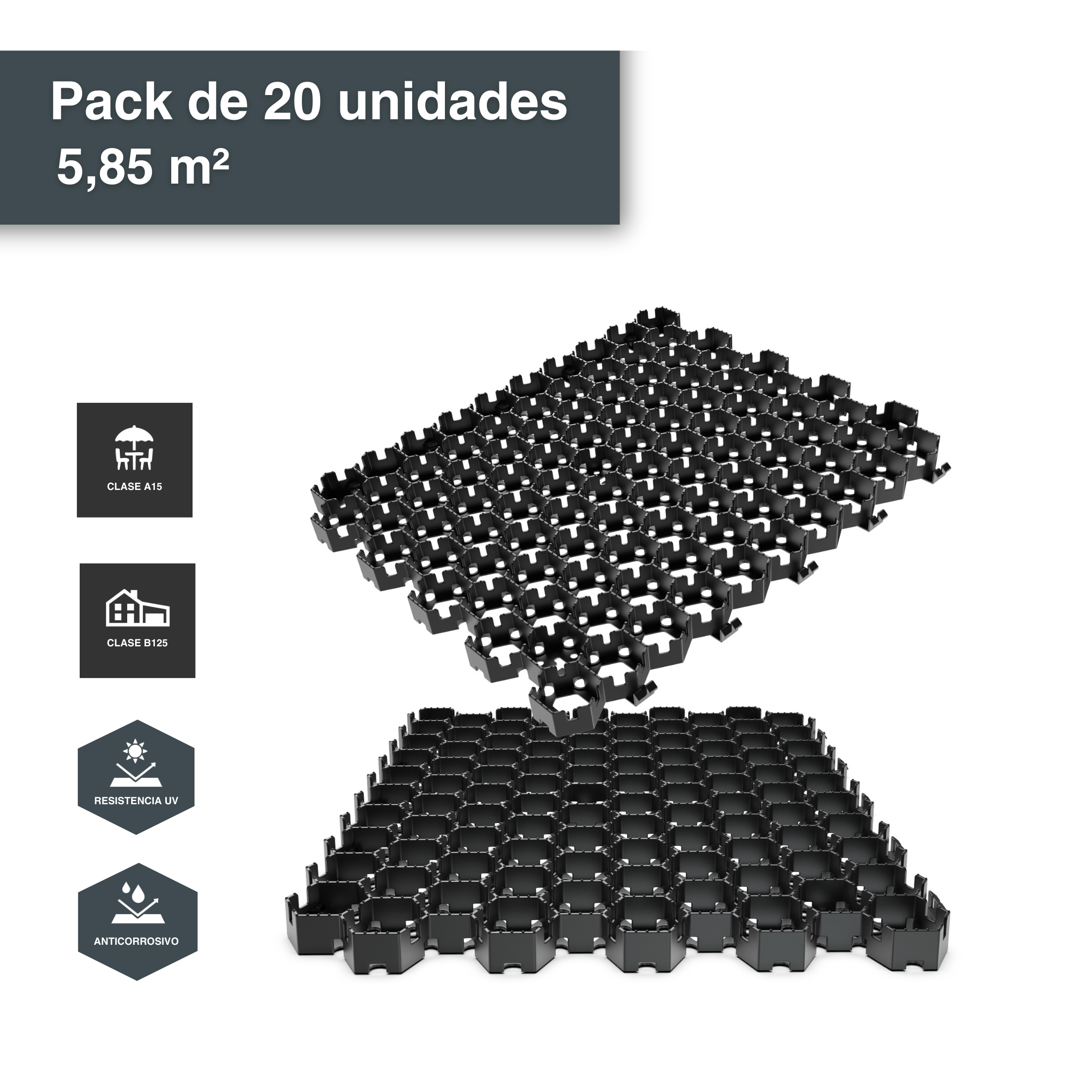 Placa estabilizadora HexPave negra 58x50,5x3 cm pack 20 (5,85 m²) - 2