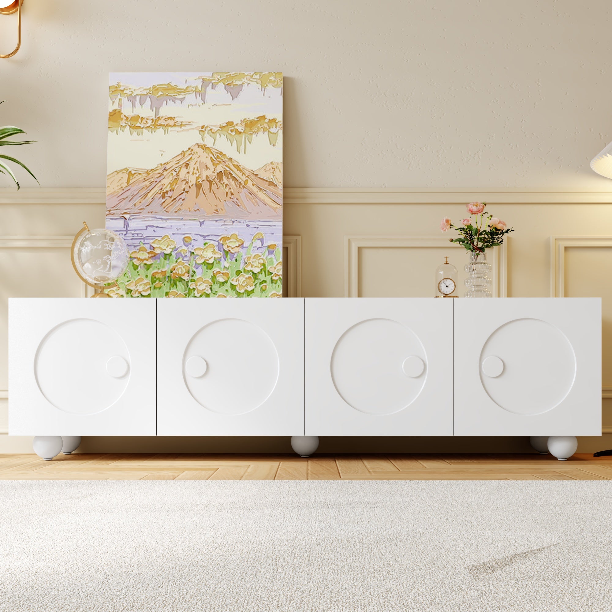 Nowoczesna szafka pod telewizor 180,5 x 38 x 50 cm - 4 drzwi - Stopy kuliste - MDF + płyta wiórowa - biała