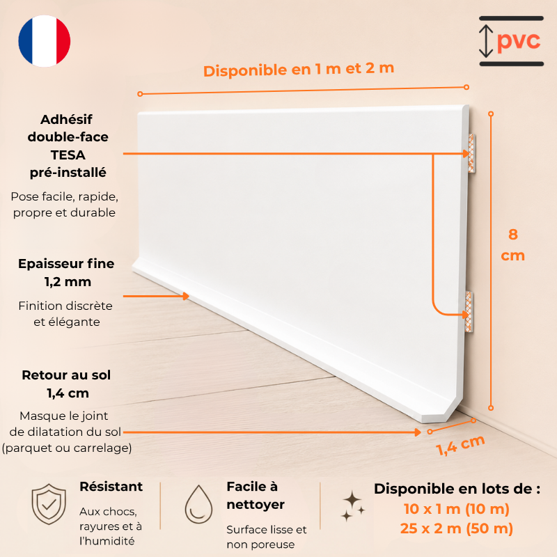 10 Plinthes PVC adhésives décoratives pour sol - 100x8 cm (10m) Teinte Dorée - Laiton Martelé - 5