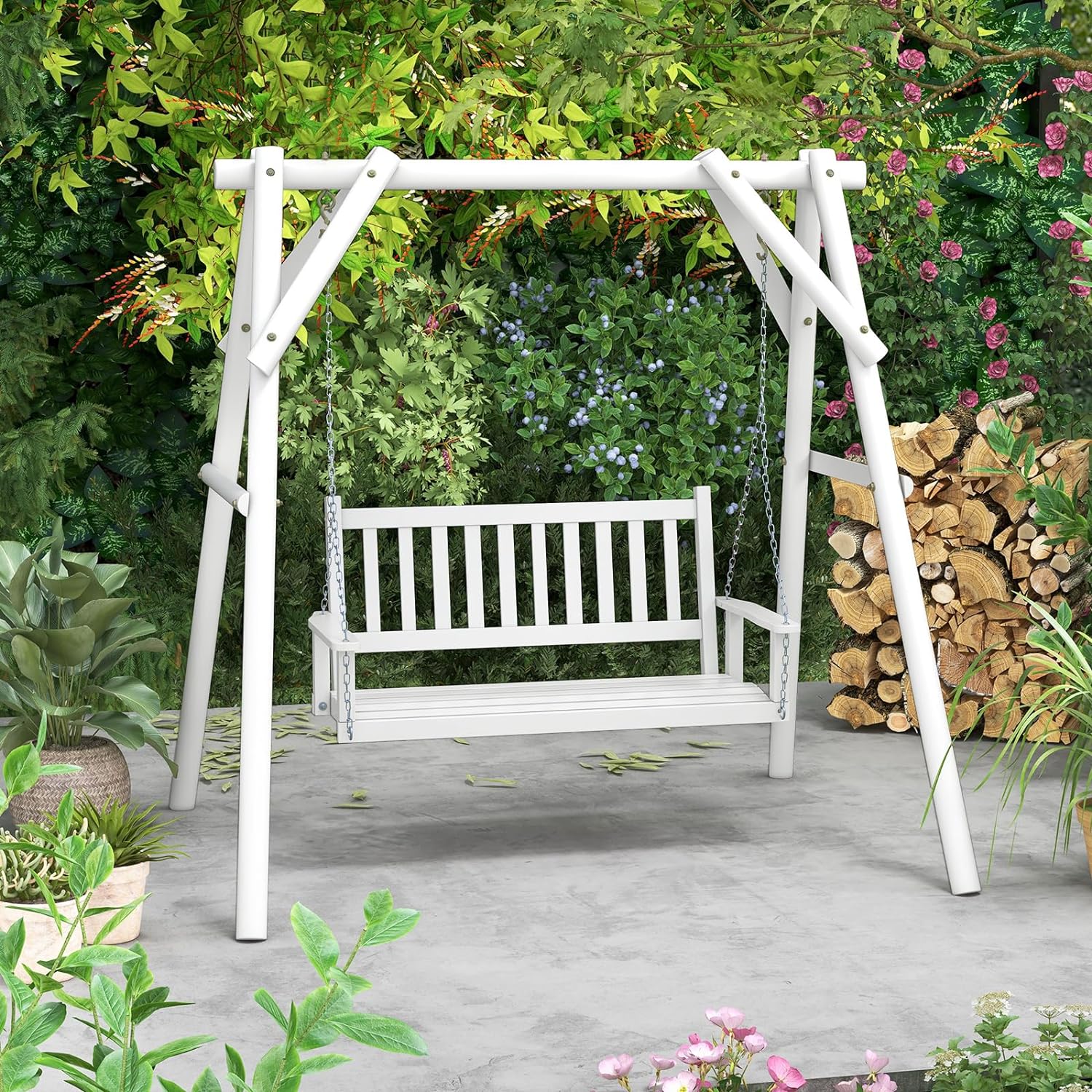 Balançelle Jardin 2/3 Places Extérieur, Chaise Hamac Siège Suspnedue en Bois avec Chaînes de Suspension Ajustables,230/360KG(168x65x63CM,Blanc) - 7