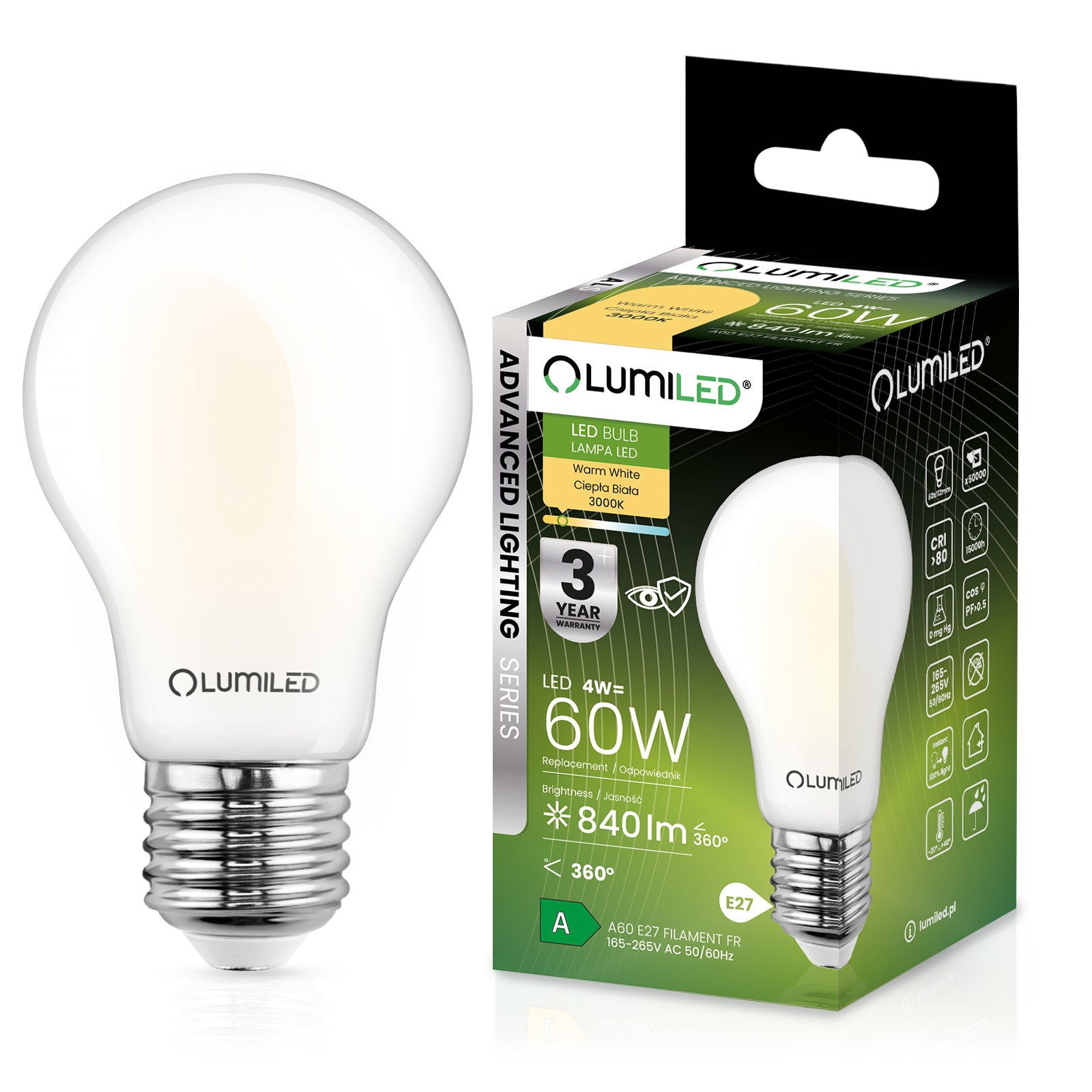 Żarówka LED Lumiled E27 A60 4W 840lm 3000K Ciepła biel 360st Filament 1 szt.