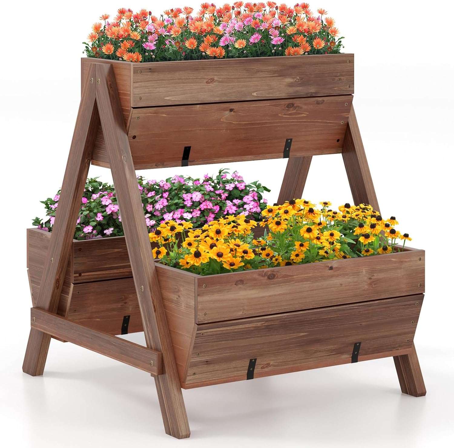 Pionowa podwyższona grządka z 2 poziomami, kwietnik z 3 skrzynkami na rośliny i otworami odpływowymi, schodek na kwiaty, balkon, do ogrodu, brązowa