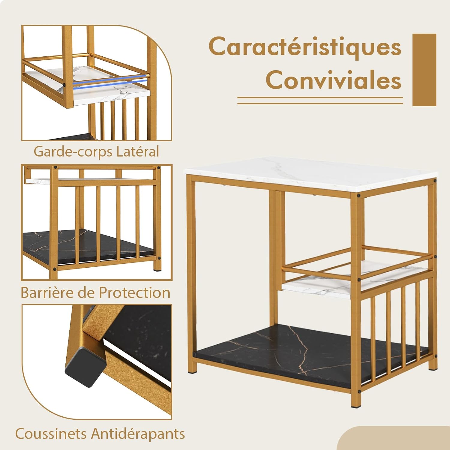 Tavolino da Salotto, Tavolino Basso da Divano con 3 Ripiani in Marmo Finto e Struttura in Metallo, Tavolino Rettangolare Moderno per Soggiorno - 7