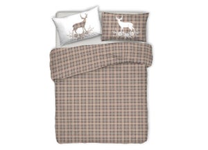 Copripiumino In Flanella Di Cotone BIANCHERIAWEB - Design Tartan Con Cervo, Singolo, Colore Beige | Made In Italy