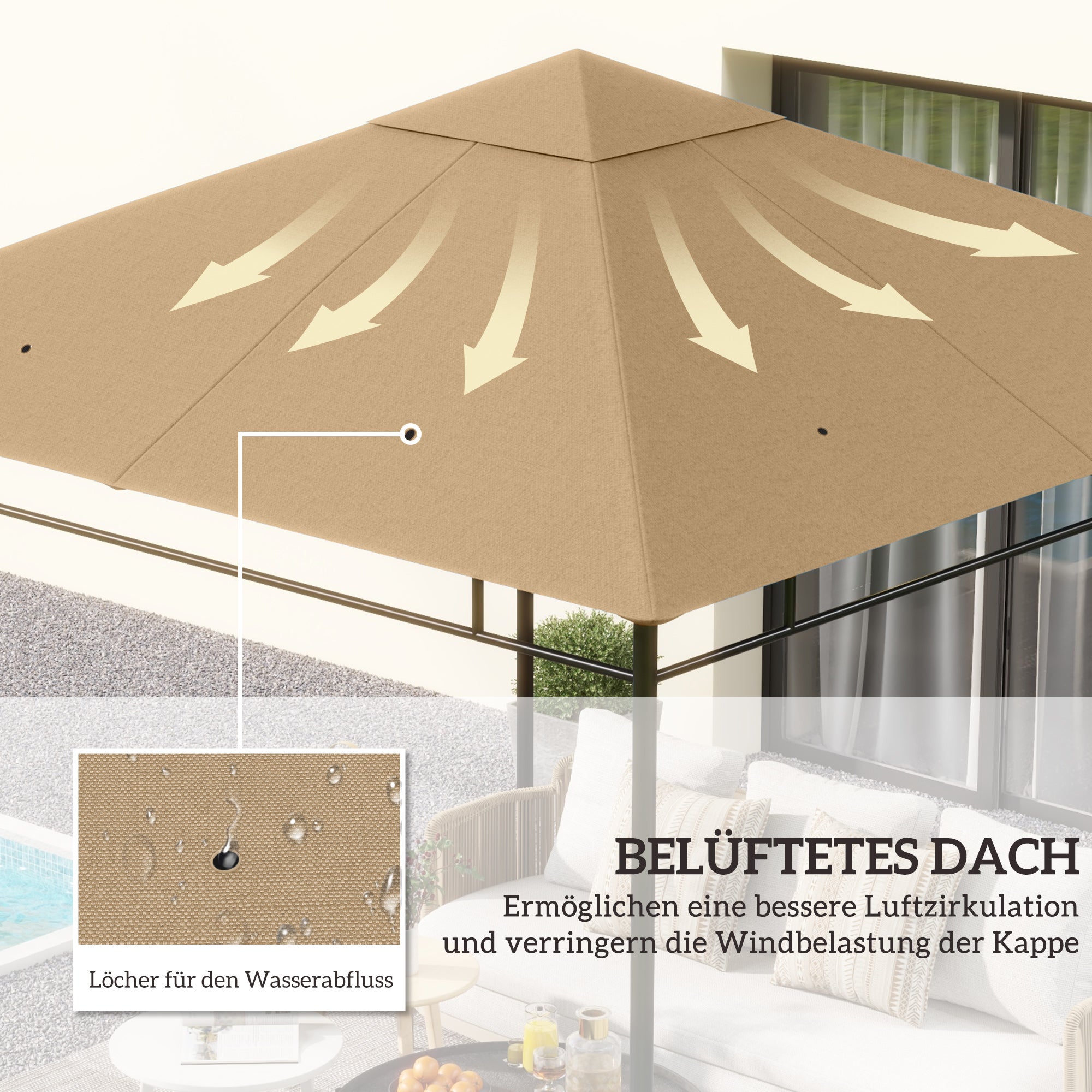 Techo de Repuesto para Gazebo 3x3m, Cubierta con Agujeros de Drenaje, SOLO EL TECHO, Beige - 6