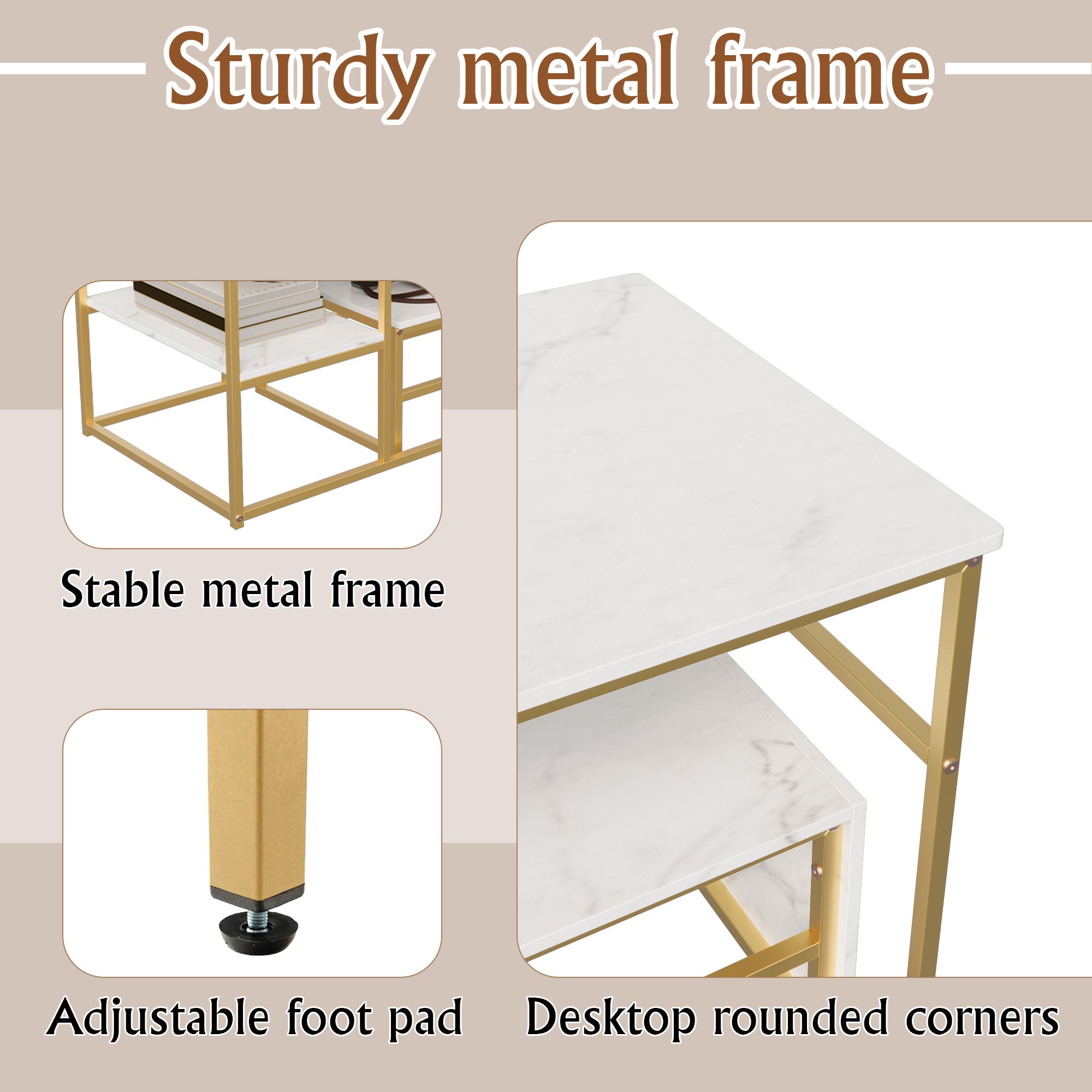 Ensemble de 2 Tables Basses Rectangle, Tables Gigognes de Salon Modernes avec Pieds en Métal, Panneau de Marbre, Doré(105 x 52 x 48.5cm) - 8