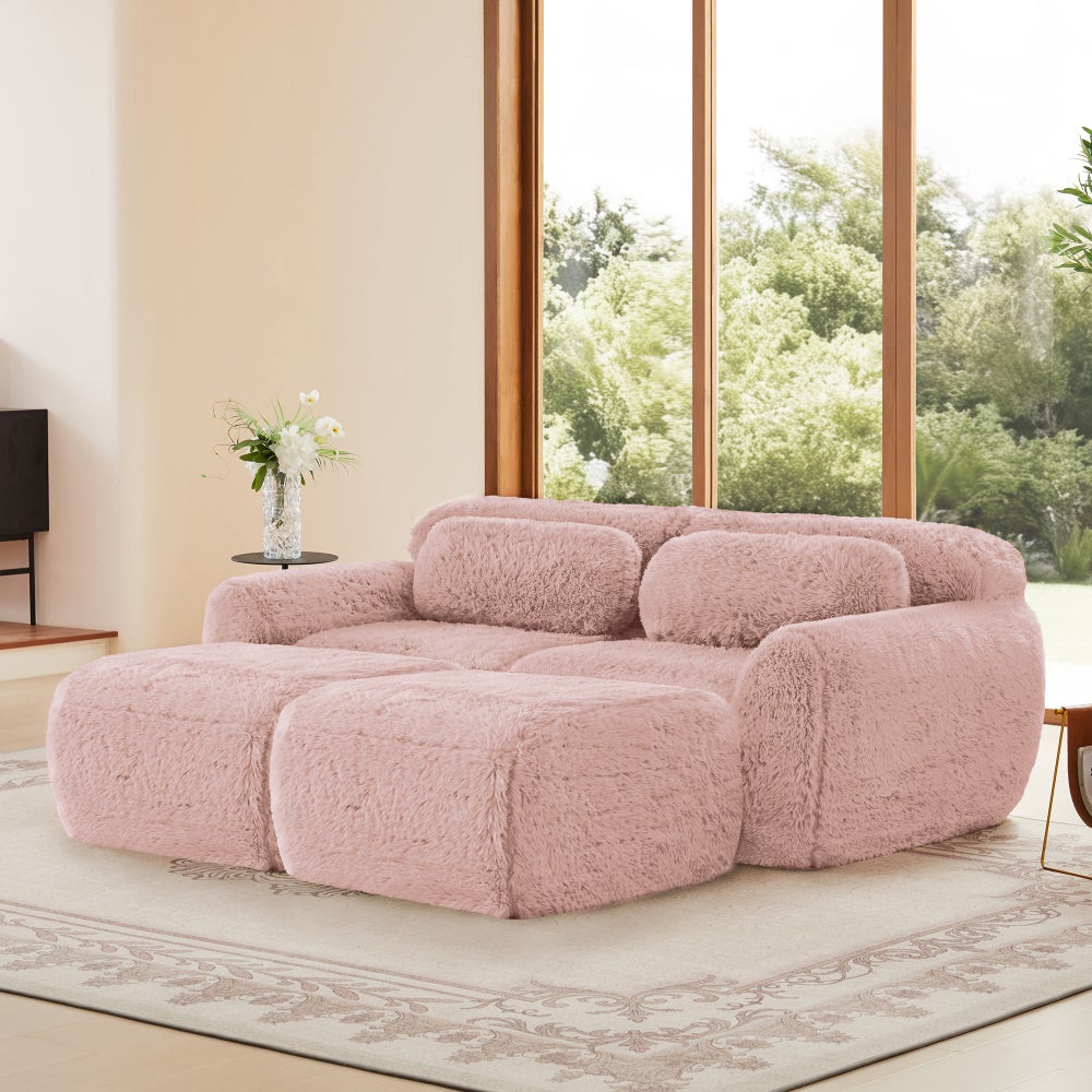 Sofa modułowa, pluszowa, z funkcją spania, z 2 pufami, 2-osobowa, różowa
