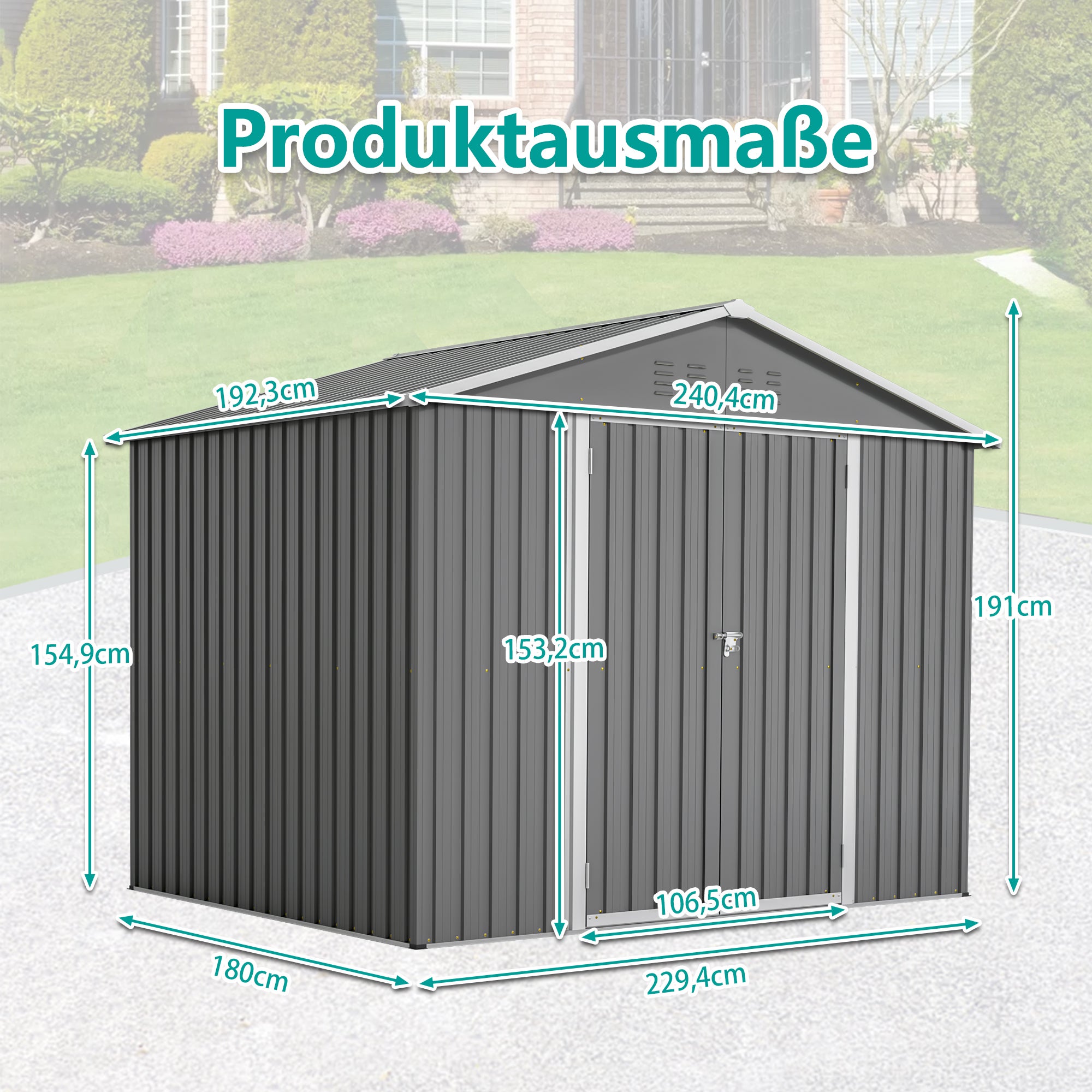 Caseta de jardín metálica con Techo 4,61 m²/240x192x191 cm, caseta para herramientas de acero galvanizado, Cobertizo Jardin Exterior - Gris antracita - 5