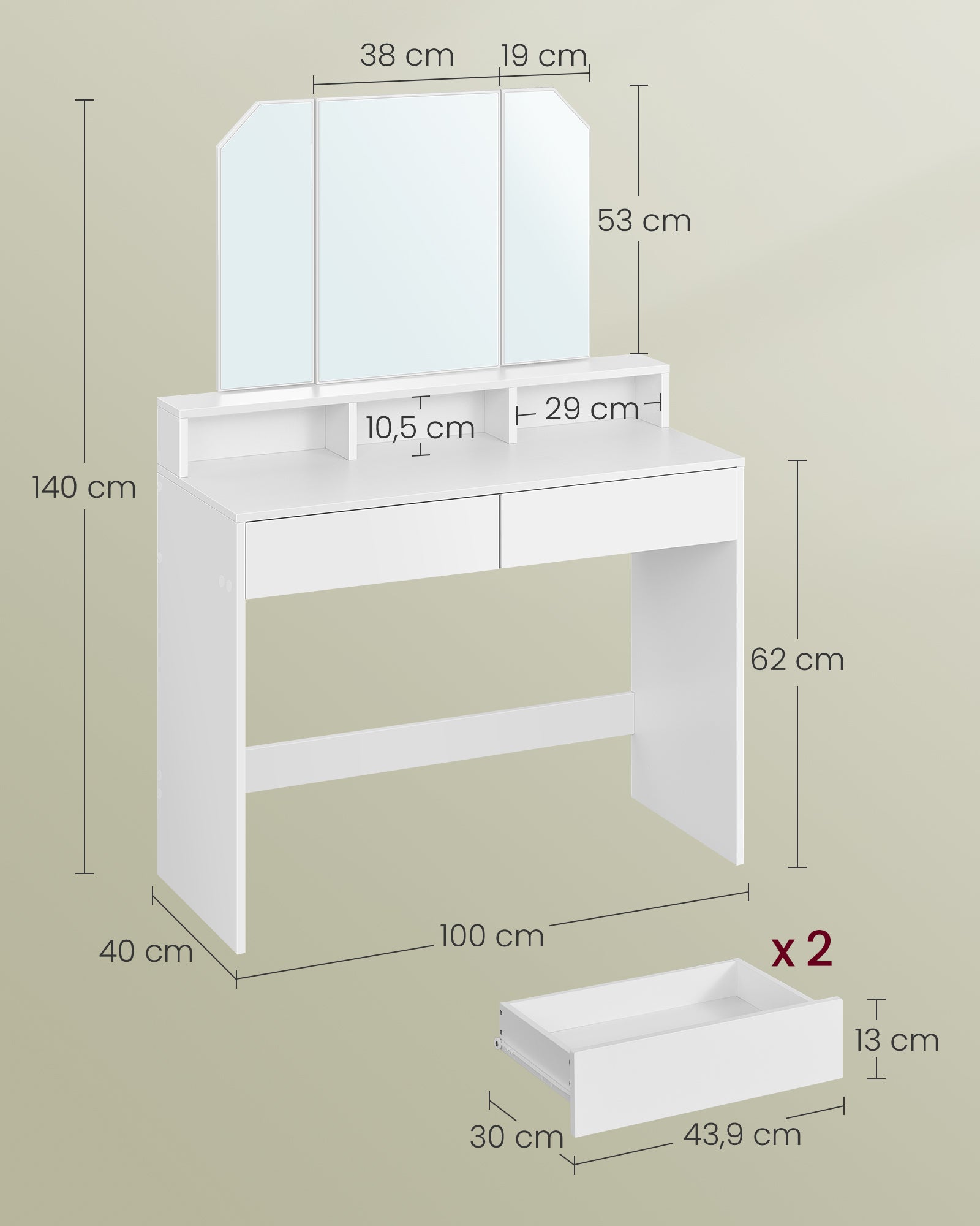 Coiffeuse Avec 3 Miroirs, 2 Tiroirs Et 3 Compartiments De Rangement, Sans Tabouret, 100 x 40 x 142 cm, Blanc - 3