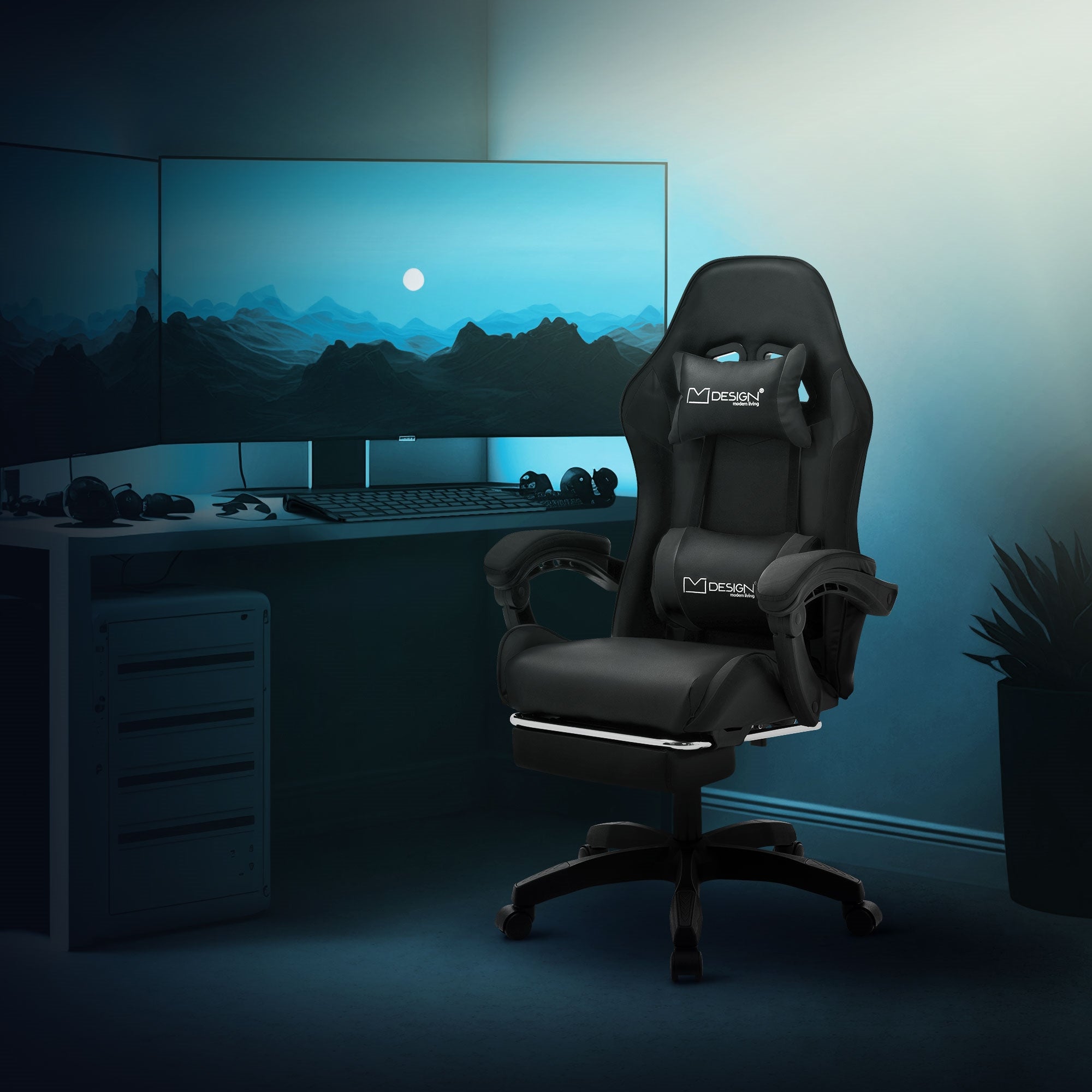 ML-Design fotel gamingowy ergonomiczny dla graczy czarno obrotowy regulowany z podnóżkiem podłokietnik zagłówek poduszka lędźwiowa biurowy