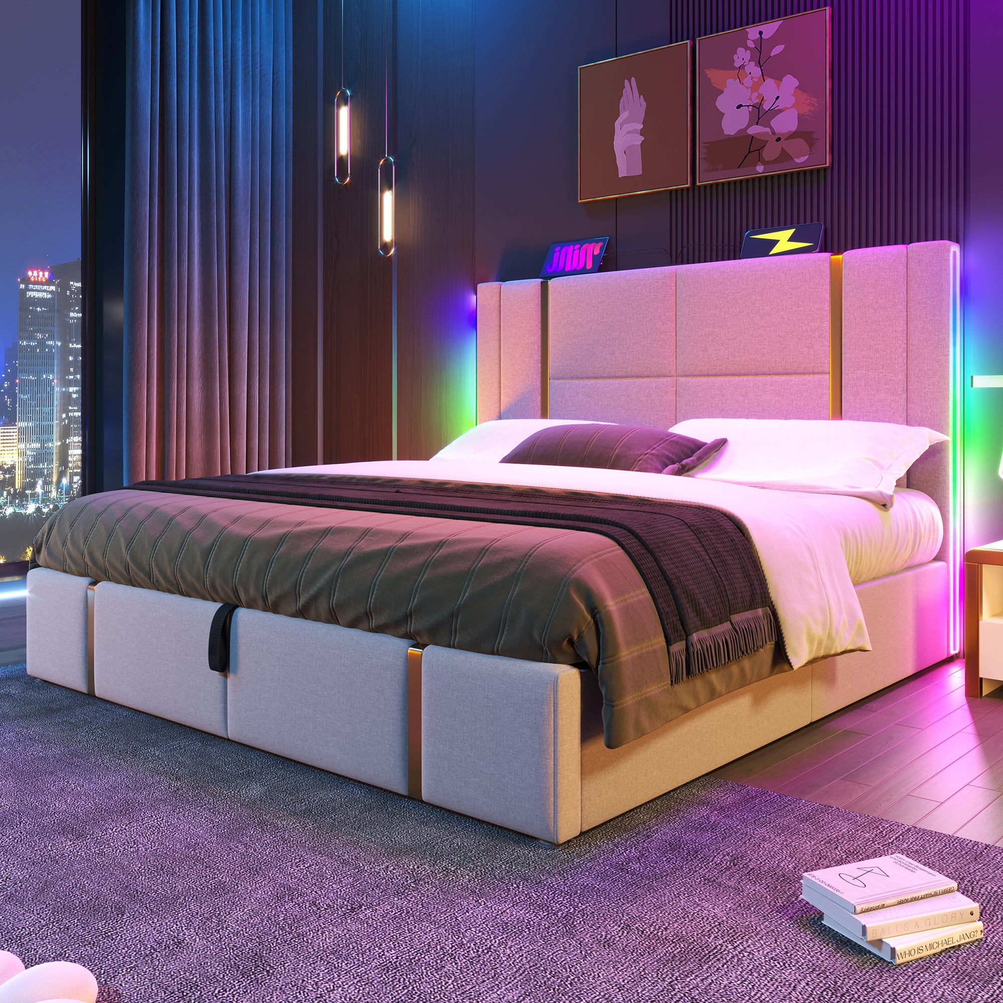 Lit coffre 160x200 cm, lit suspendu, avec éclairage LED, fonction de charge USB, rangement de chevet, PU, ​​sommier à lattes, convient aux adultes et aux adolescents,Noir