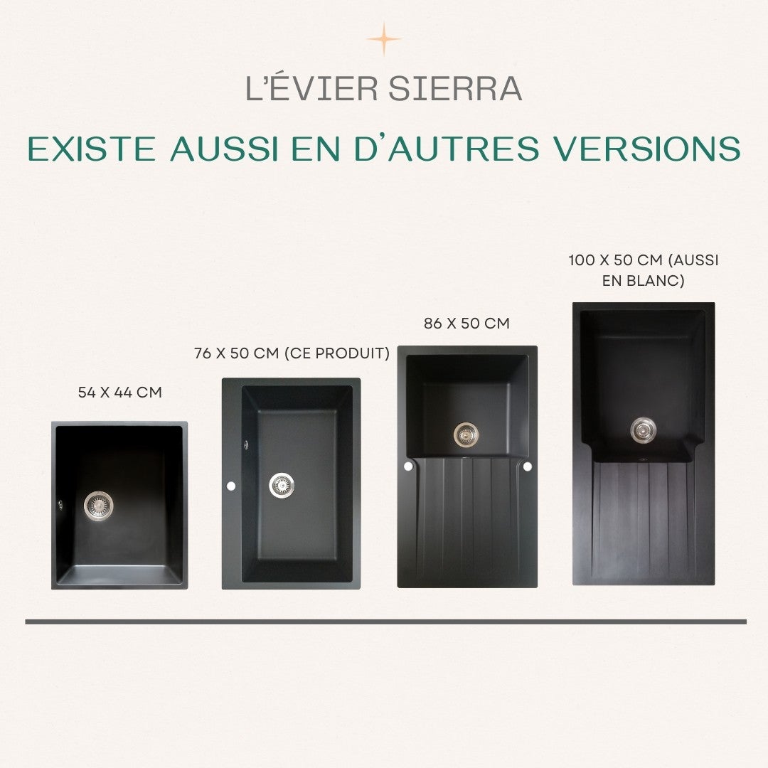 Sierra évier 1 grande cuve seule 76x50 en résine noir - 9