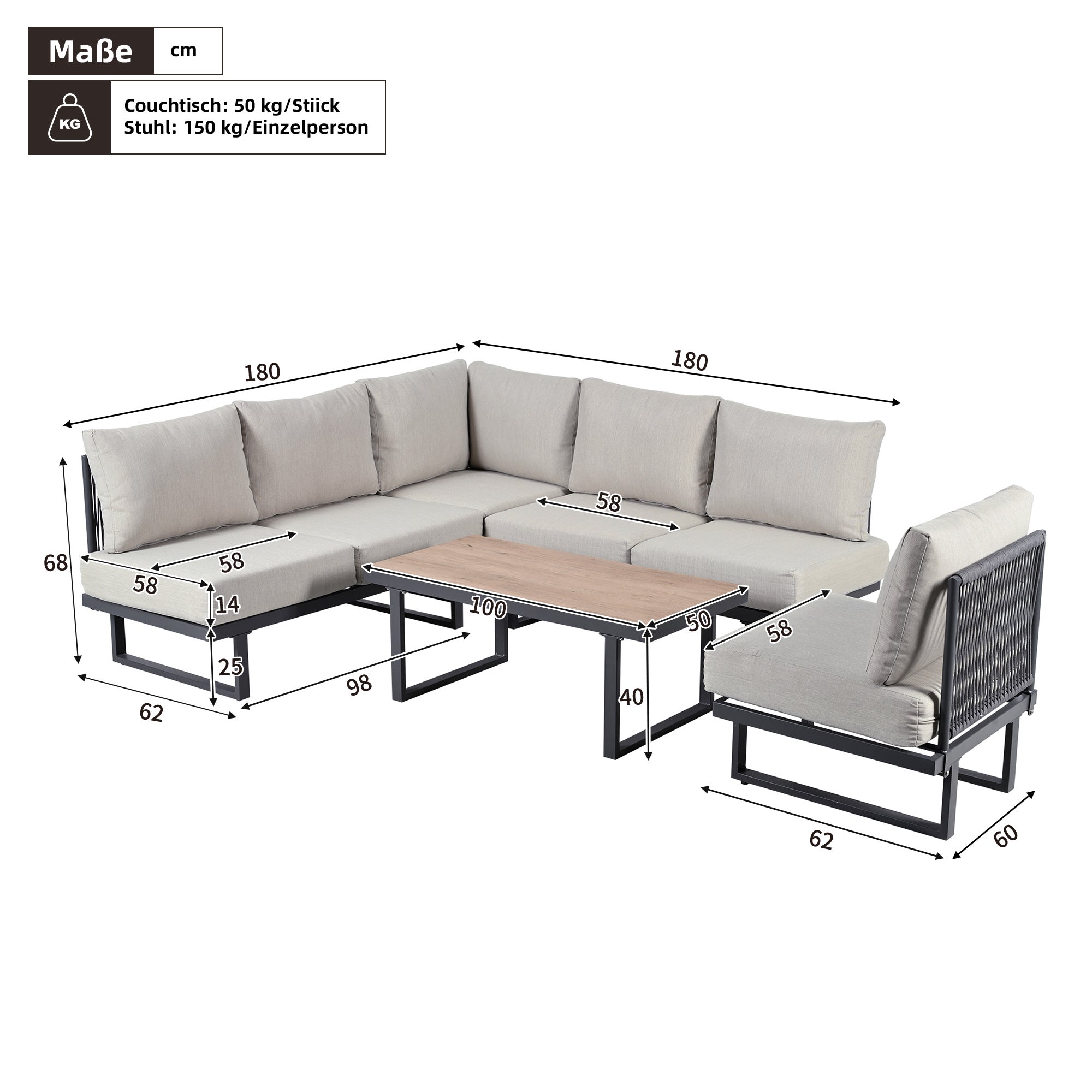 Salon de jardin modulable en acier galvanisé 6 places : 1 canapé 3 places + 1 canapé 2 places + 1 fauteuil + table basse - Gris - 4