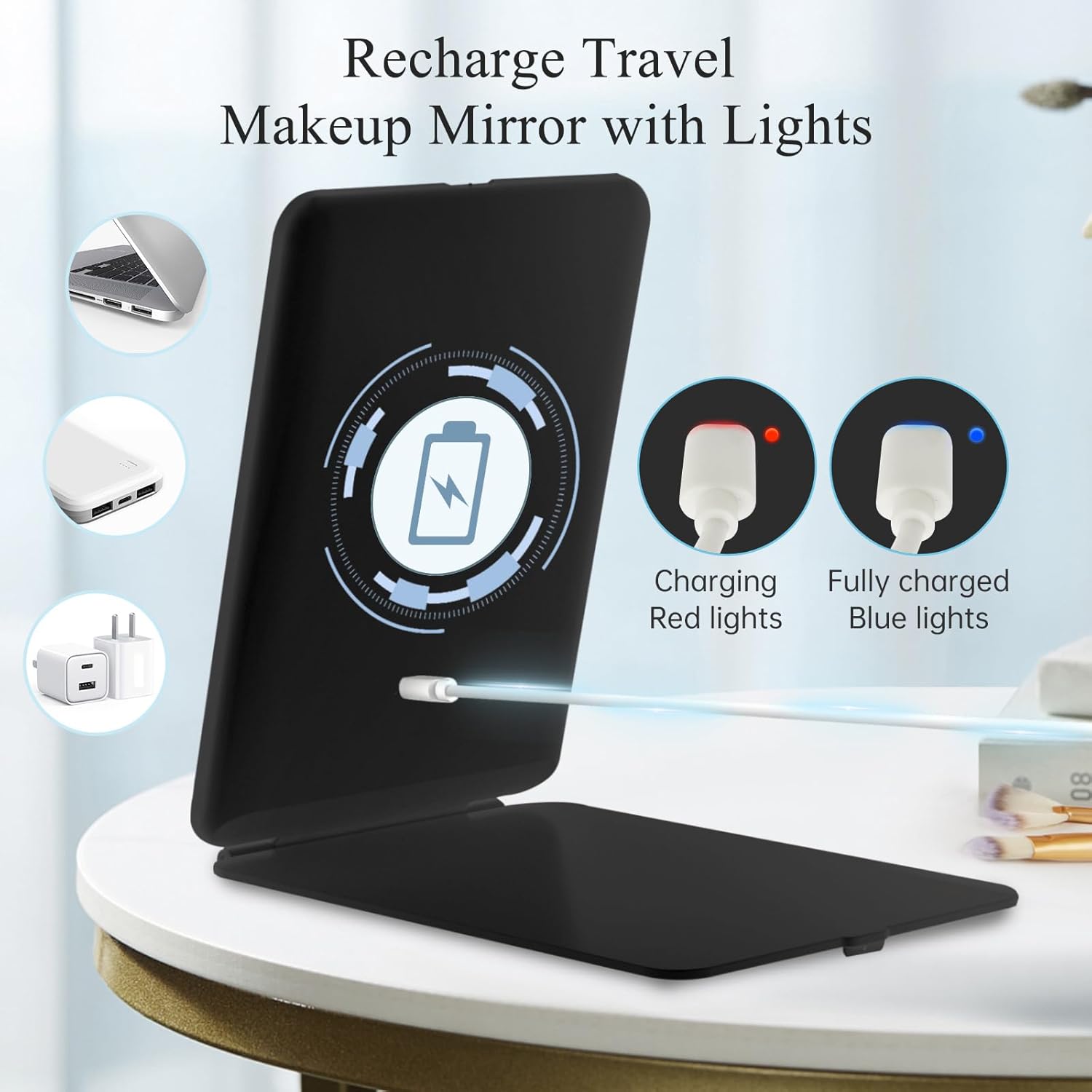 Miroir De Maquillage LED Rechargeable Tricolore - Portable, Avec Boîte à Bijoux Intégrée, Réglable, Rose