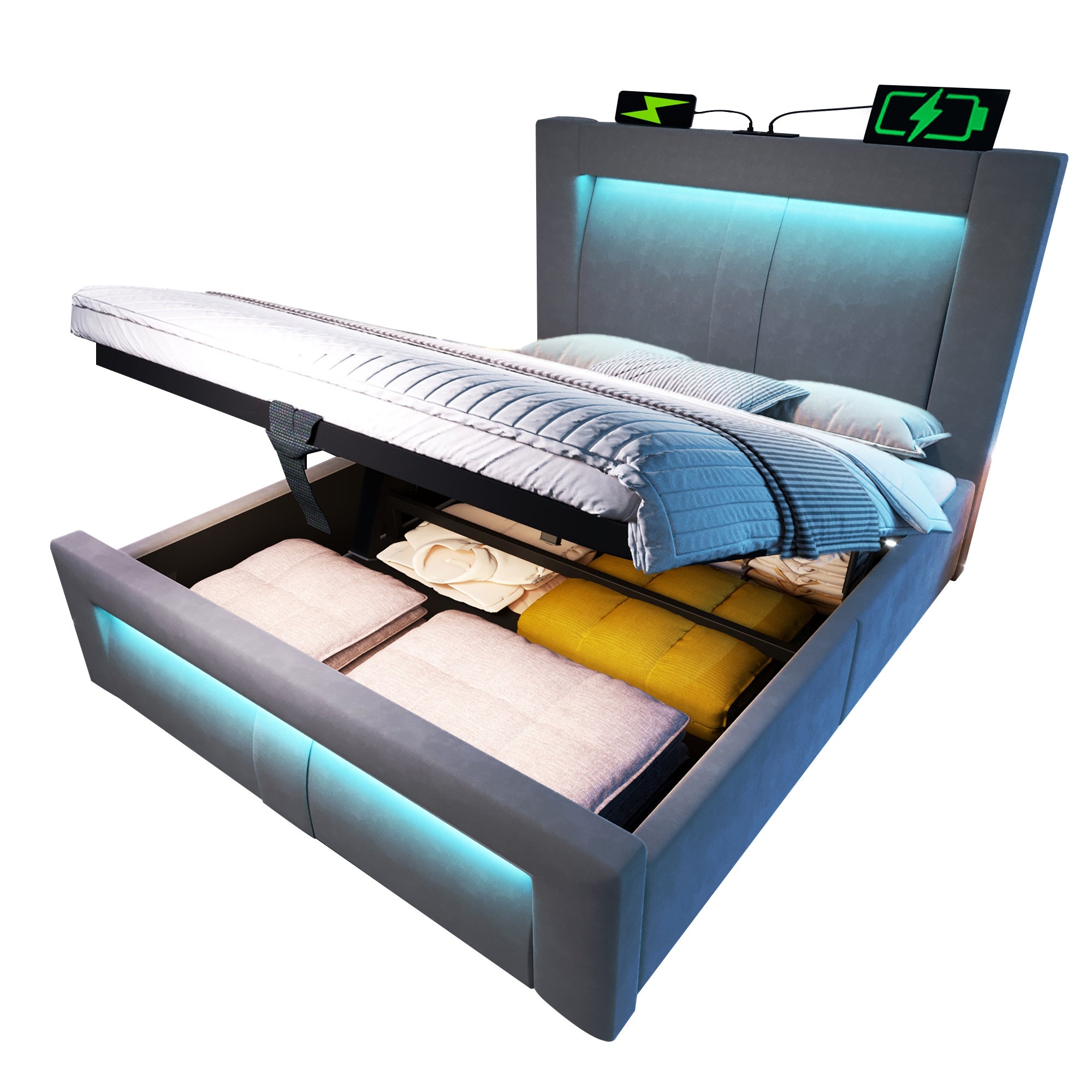 Łóżko z pojemnikiem 90 x 200 cm i zagłówkiem - Aksamit - Porty USB i Type-C + diody LED - dla dzieci - Szare (Z materacem) - 3
