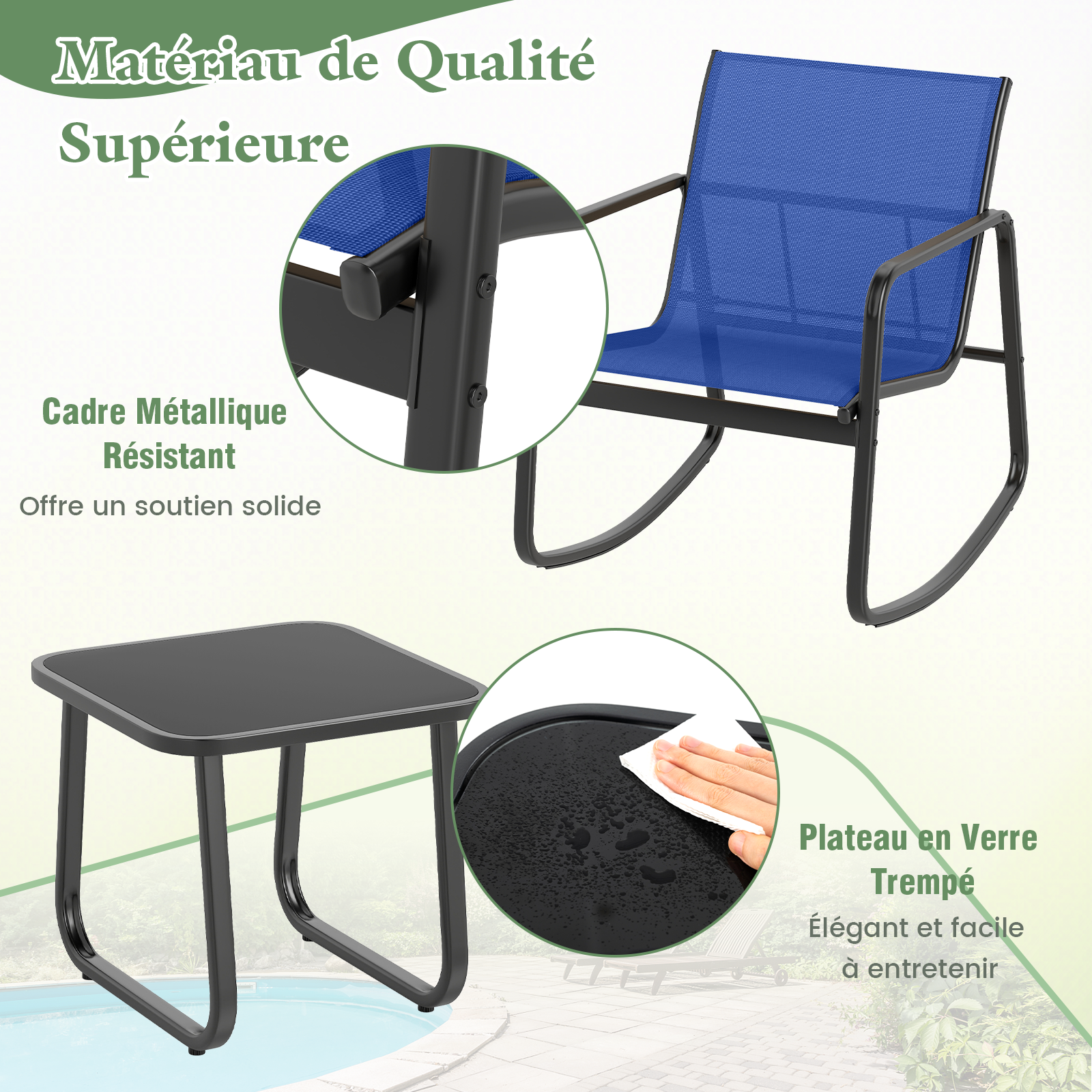 Mesa y Sillas Terraza, 2 Mecedoras de Bistró y 1 Mesa Baja con Tapa de Vidrio, Tela Textilene, Conjunto Jardin Terraza Exterior Balcon, Juego - 5