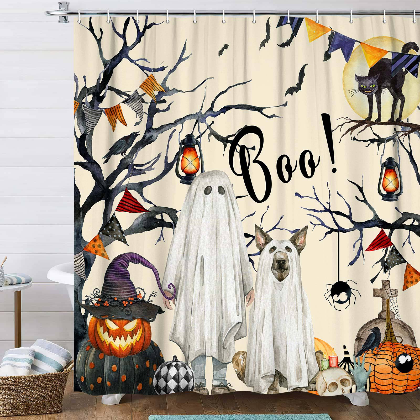 Zasłona prysznicowa z nadrukiem w motywie halloweenowego ducha, zawiera 12 białych haczyków, 150*180 cm