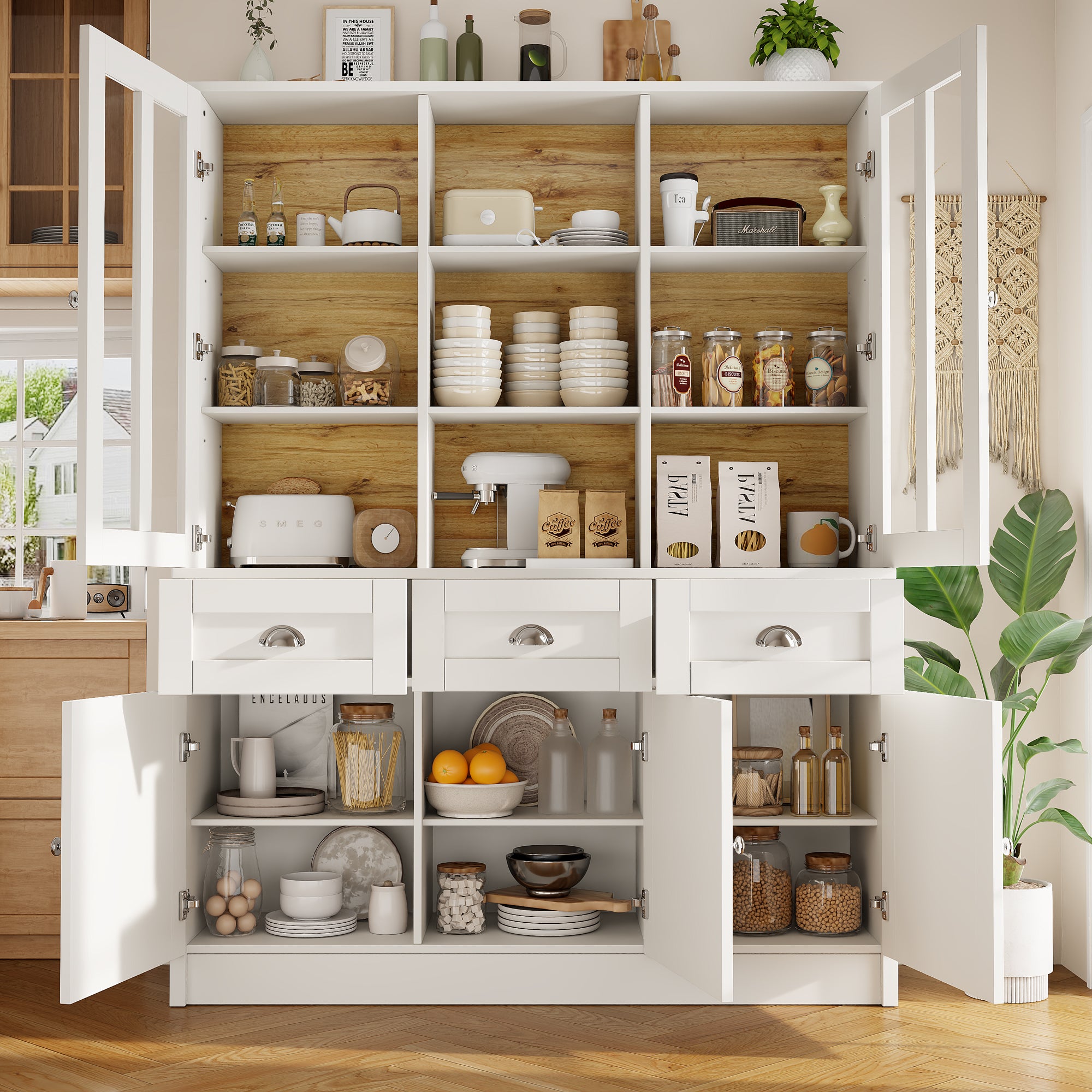 Kredens kuchenny z 5 drzwiami, 3 szufladami i półkami, witryna - 140 x 38,5 x 175 cm - MDF - biały + naturalny