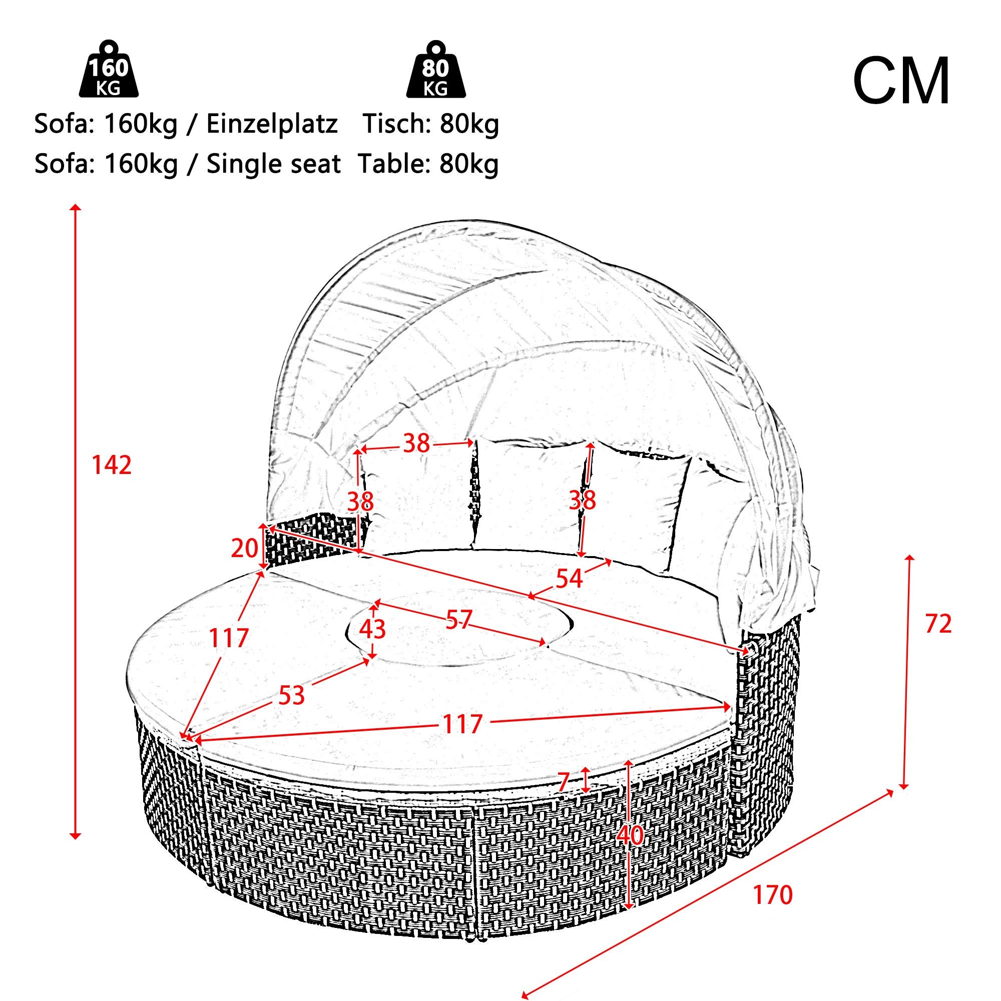 Ensemble de chaises longues de jardin, Sun Island, lit de jardin Shell, auvent rétractable, plateau de table relevable, beige - 3