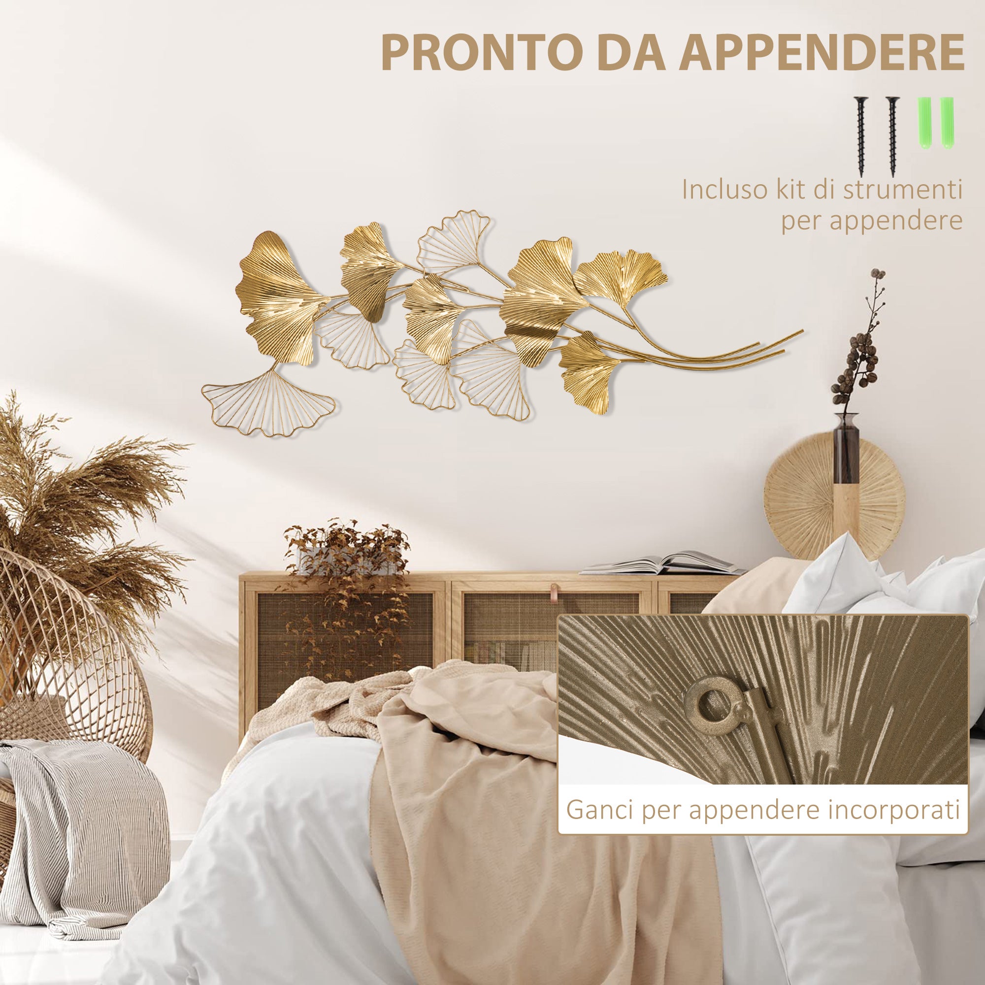 HOMCOM Decorazione Murale 3D in Metallo, Wall Art Dorata con Foglie di Ginkgo 138x70cm - 5