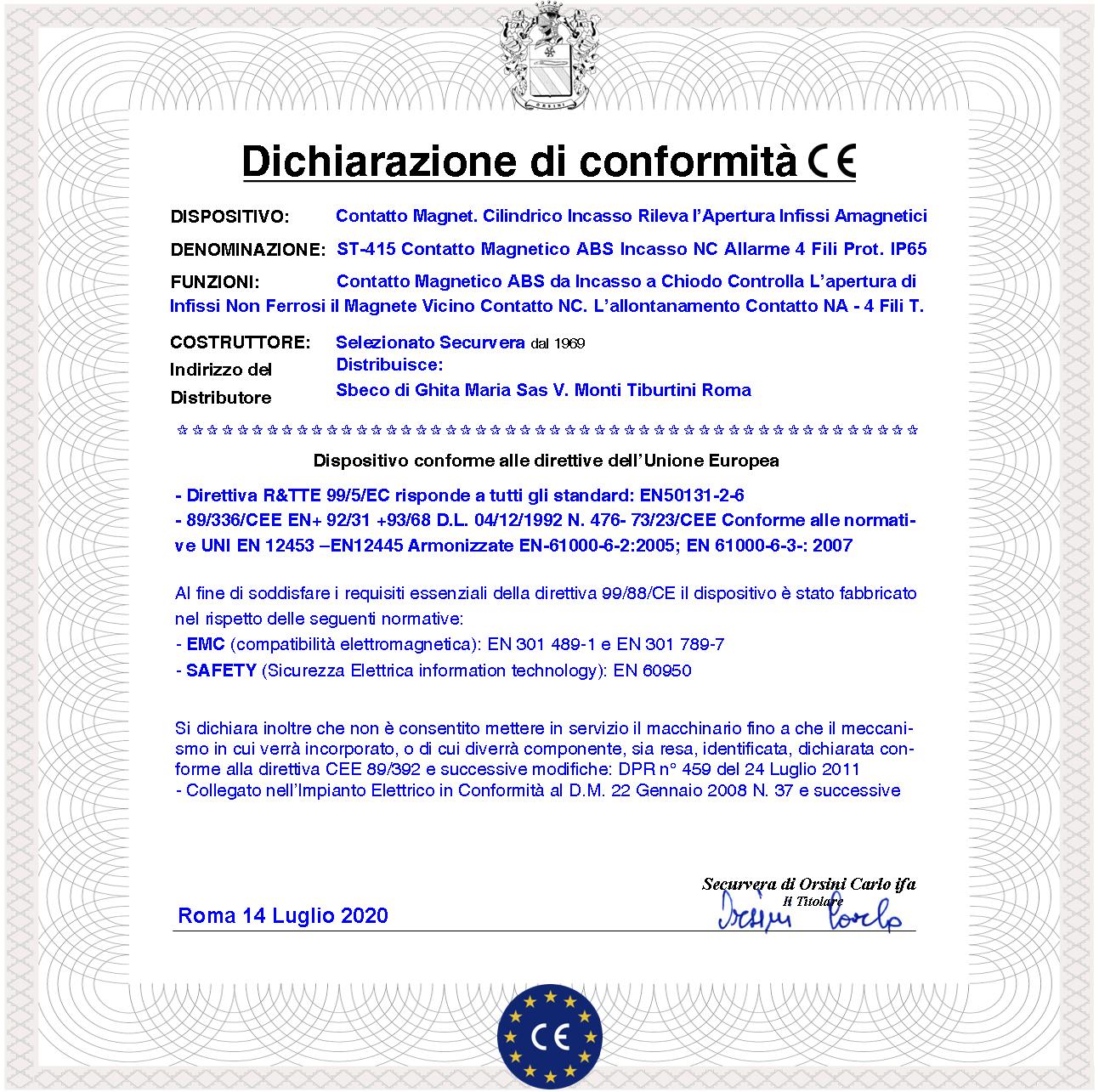 Contatto Magnetico da Incasso 10 Sensori Magnetici 8 mm Reed Uscita NC Collegamento 4 Fili Tensione Transito Max 100V 10W Carico Resistivo Antifurto I - 2