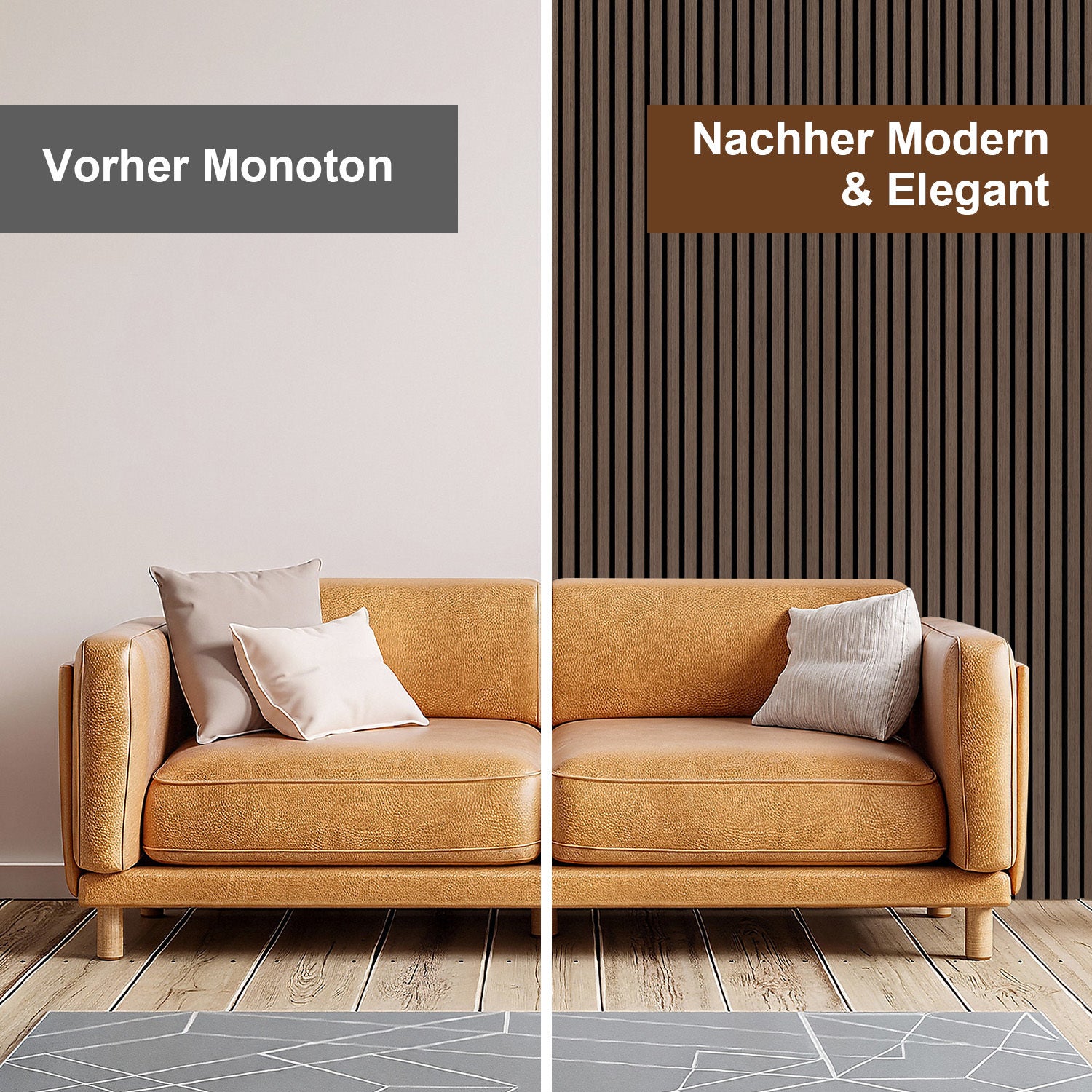 Lote de 4 paneles acústicos autoadhesivos para paredes listones MDF modernos de madera 120 x 60 x 2,1 cm - Panel MDF con chapa de madera de nogal - 3