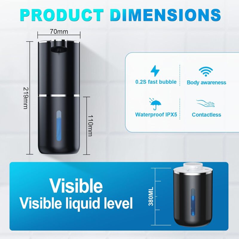 Distributeur automatique de savon liquide, 380 ml, montage mural, 4 niveaux réglables, chargement USB, avec détecteur de mouvement infrarouge - 4
