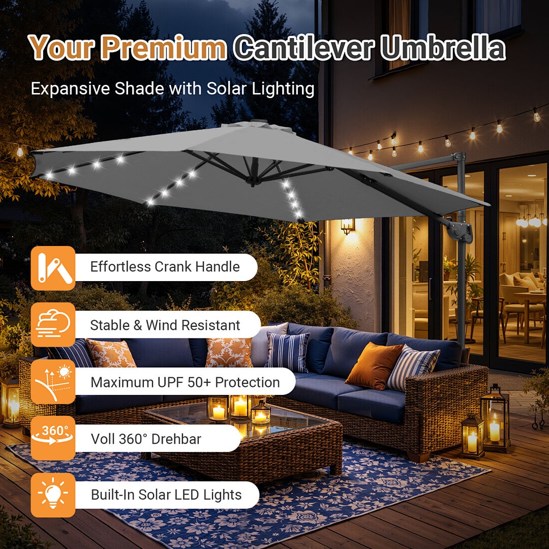Parasol déporté gris 300 cm avec 28 LED solaires, rotation complète, inclinaison réglable, toile anti-UV UV50+ - 3