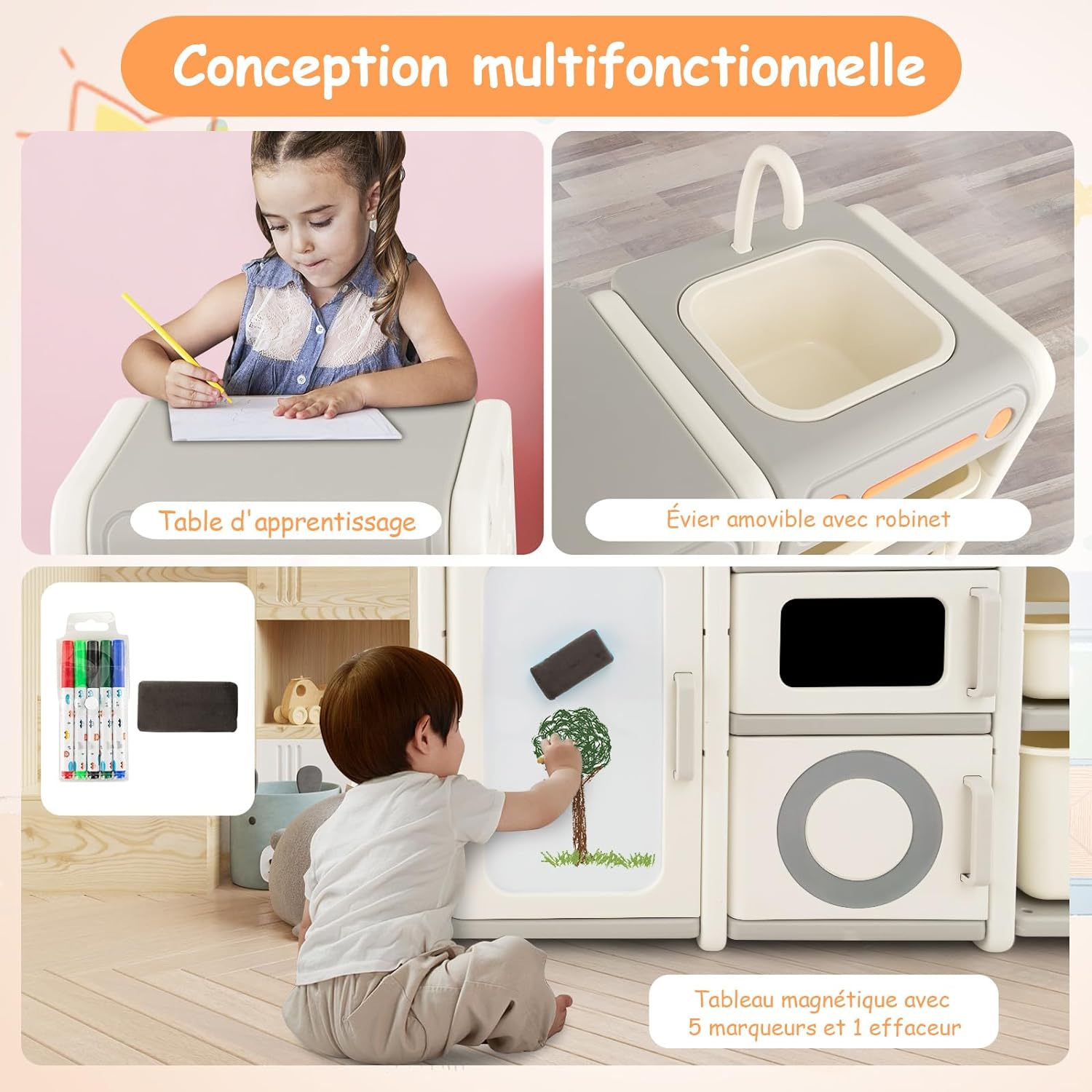 Mobile Porta Giochi per Bambini, Scaffale e Libreria Giochi Multiuso con Lavagna Magnetica Lavello e Rubinetto Rimovibili, Ante e Contenitori, - 3