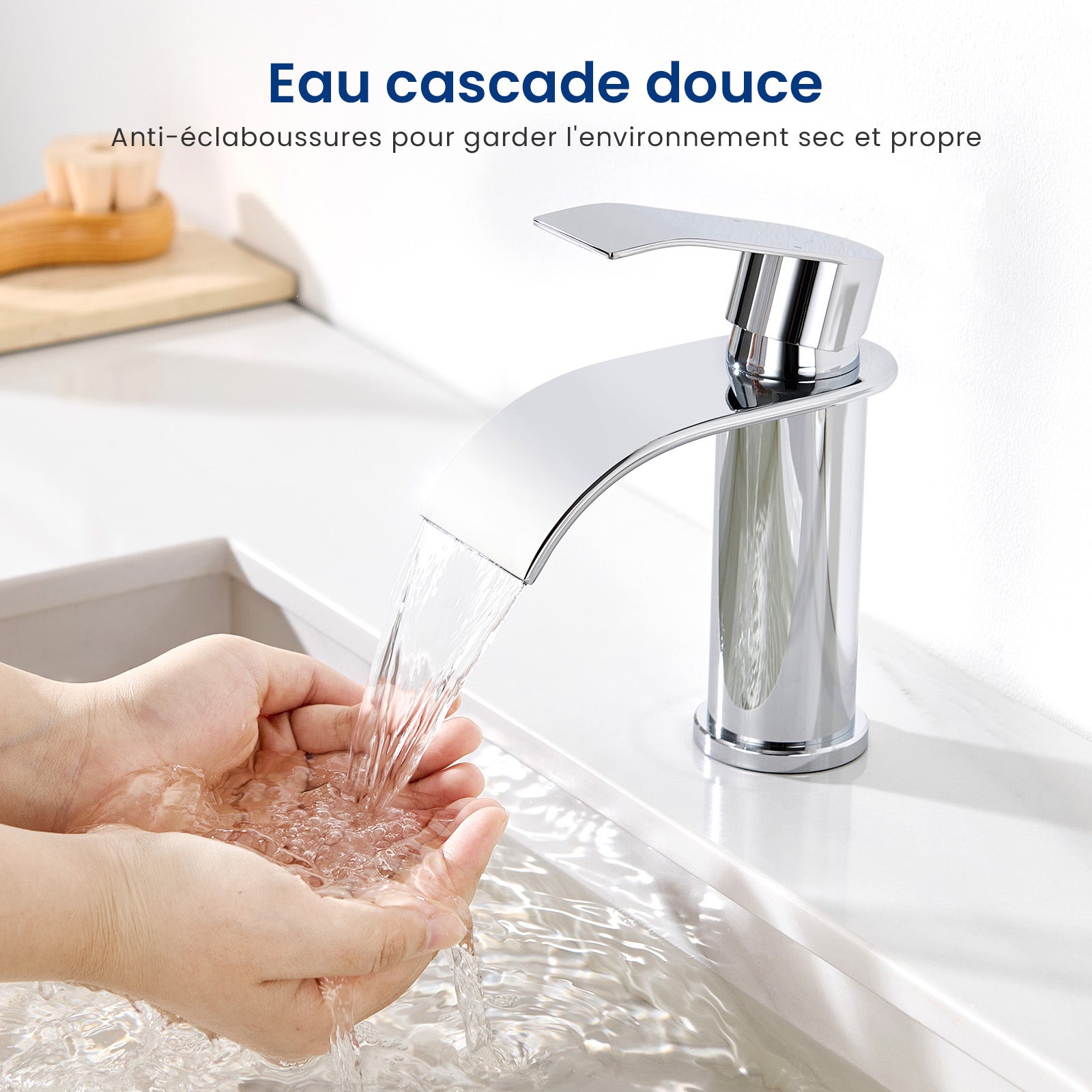 Robinet de lavabo et vasque Ronde Mitigeur de lavabo Chrome Mitigeur lavabo Acier inoxydable Robinet salle de bain en cascade - 4