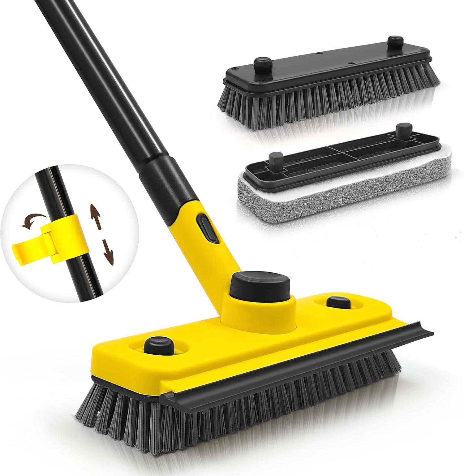 Brosse de Nettoyage avec Long Manche, 3 en 1 Brosse à Récurer de Douche, Éponge Brush Raclette pour Salle de Bain, Baignoire, Sol, Mur (Jaune)