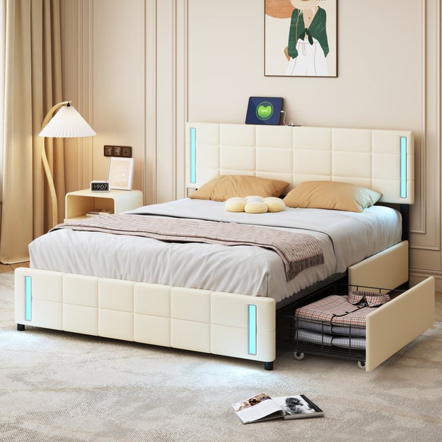 Cama com arrumação - 140 x 200 cm - 4 gavetas - tecido de linho - iluminação LED - base de ripas - bege