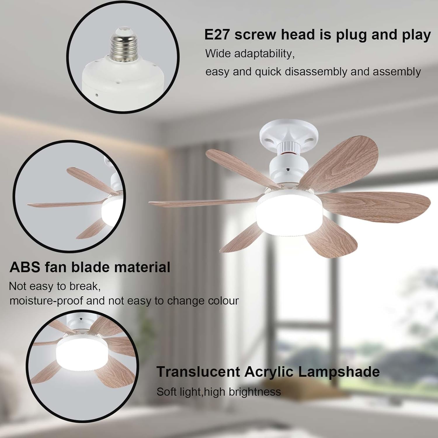 Ventilateur de plafond avec éclairage LED,52 cm,40 W,3000 K/4500 K/6000 K, E27,avec socle et rallonge, 3 vitesses de ventilation, minuterie - 2 pièces - 6