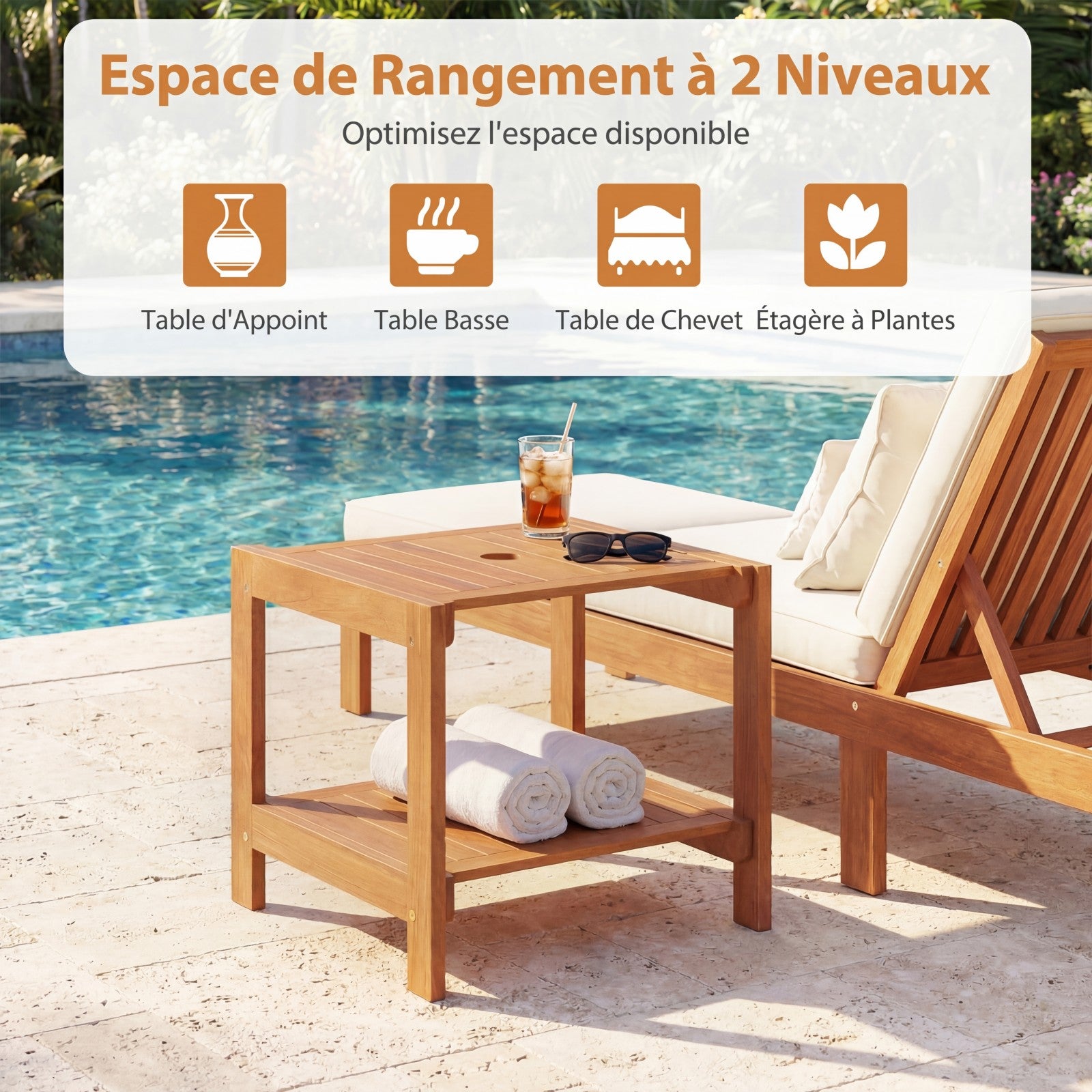 Table Basse Exterieur à 2 Niveaux, Table d’Appoint de Jardin en Bois, avec Trou pour Parasol, Plateau à Lattes, Naturel, 51 x 48 x 45 cm - 3