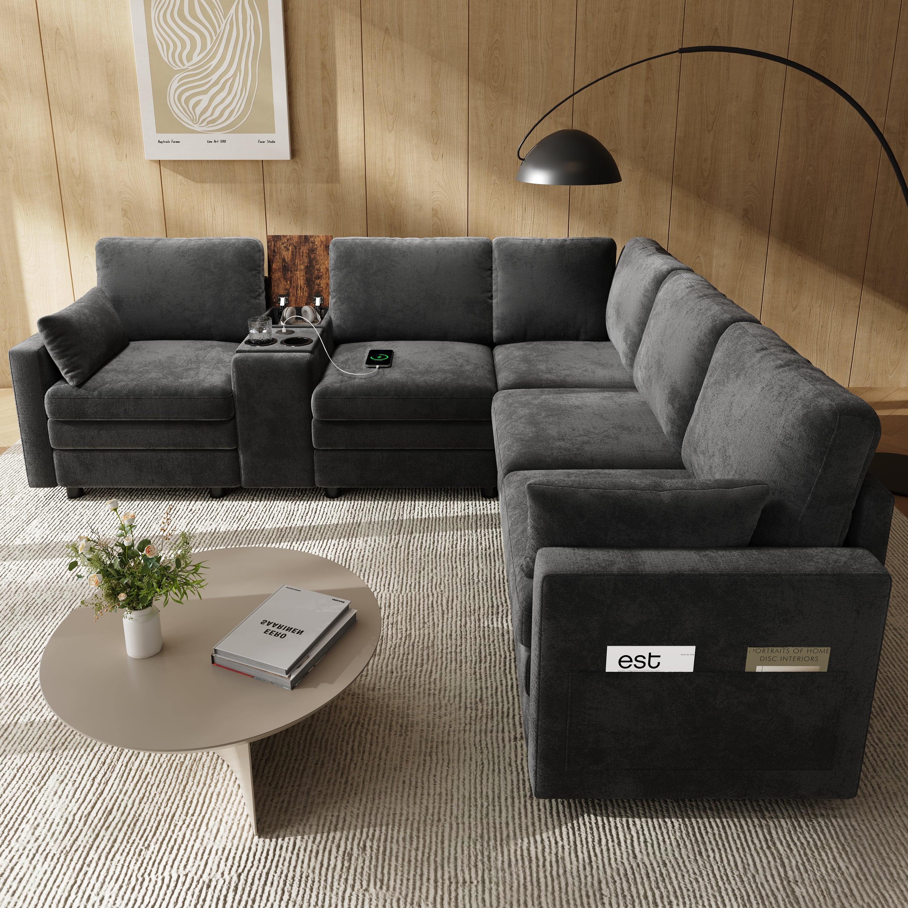 Canapé d'angle 5 places, avec console, ports USB et porte-gobelets, espace de rangement, canapé modulaire en forme L, Canapé nuage avec console, gris - 3
