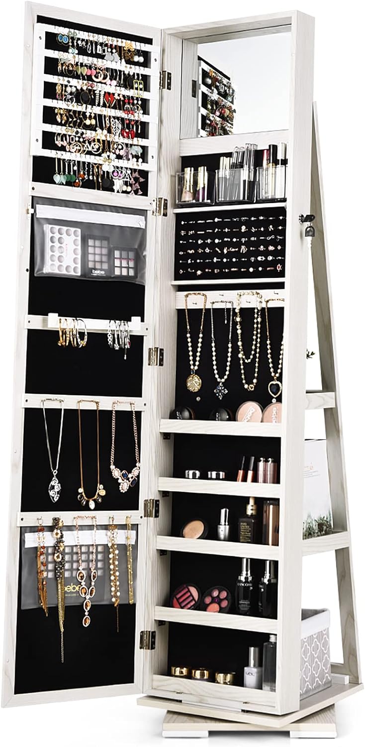 Armadietto Portagioie Girevole, 3 in 1 Portagioielli da Terra, con 3 Ripiani e Specchio a Figura Intera, 3 Scatolette di Stocaggio, 39 x 39 x 161cm - 9