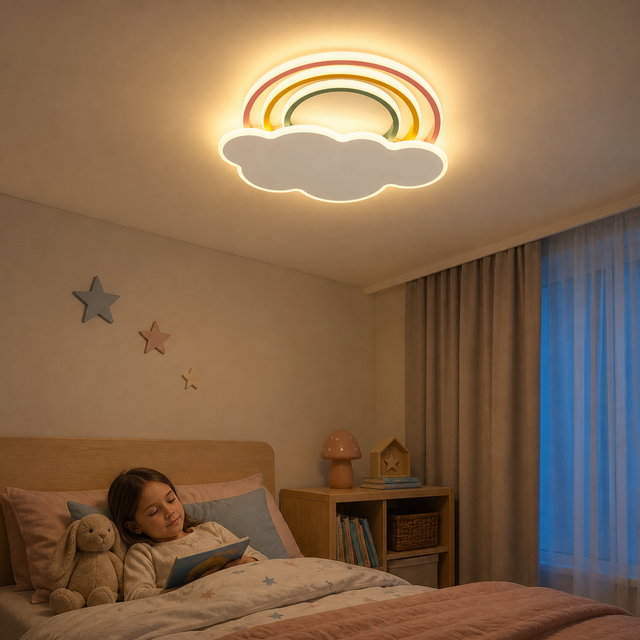 Plafón LED Habitación Infantil Diseño de Nube y Arcoíris 40cm, 40W 4000lm, Regulable 3000-6500K, con Mando, Modo Luz Nocturna, Memoria y Temporizador