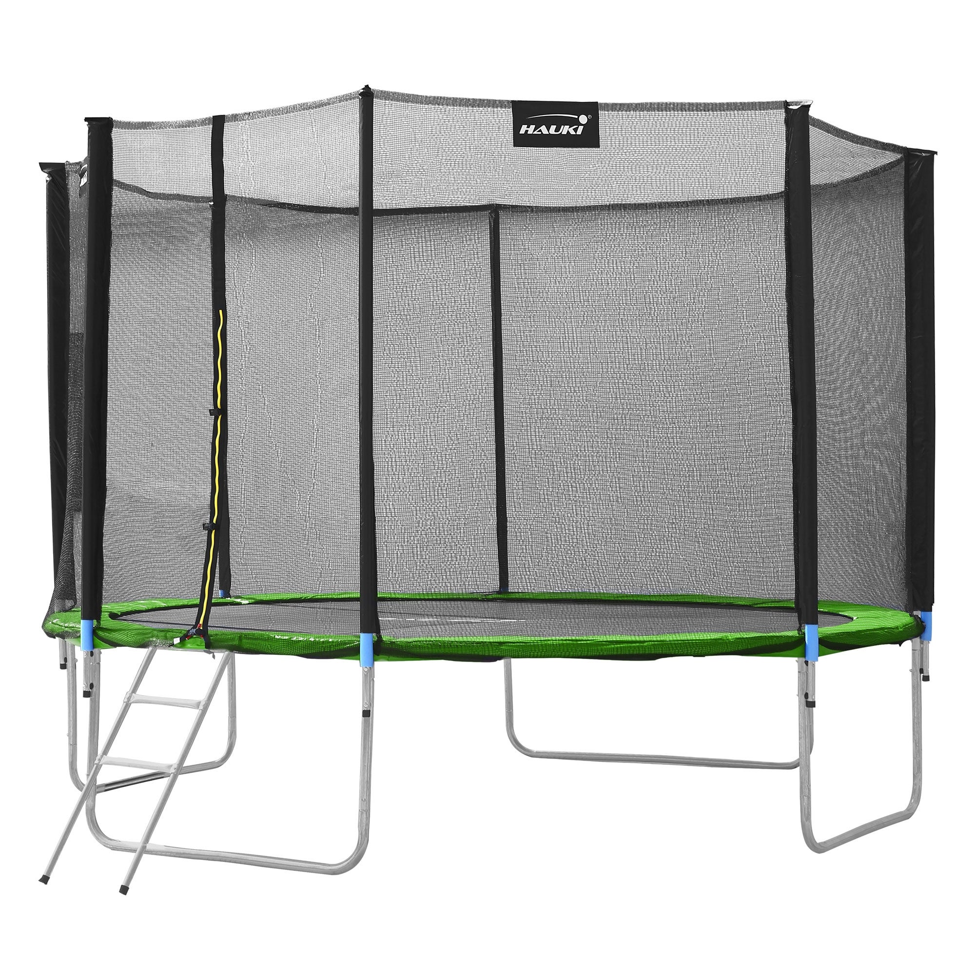 Trampolina zewnetrzna Hauki, Ø427 cm, zielona, test GS, okragla trampolina ogrodowa dla dzieci do 150 kg, kompletny zestaw z siatka zabezpieczajaca,