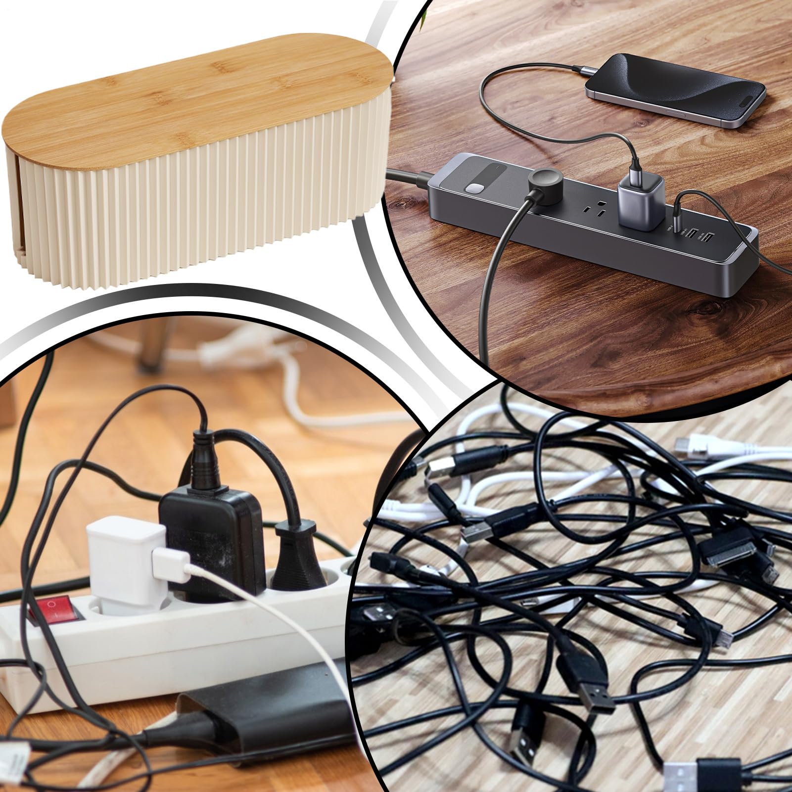 Boîtes Multiprise, Boite Rangement De Câbles Avec Couvercle En Bois, Boîtes De Prises, Cache-Cordon Multifonctionnel Et Boîte De Gestion Cache - 5