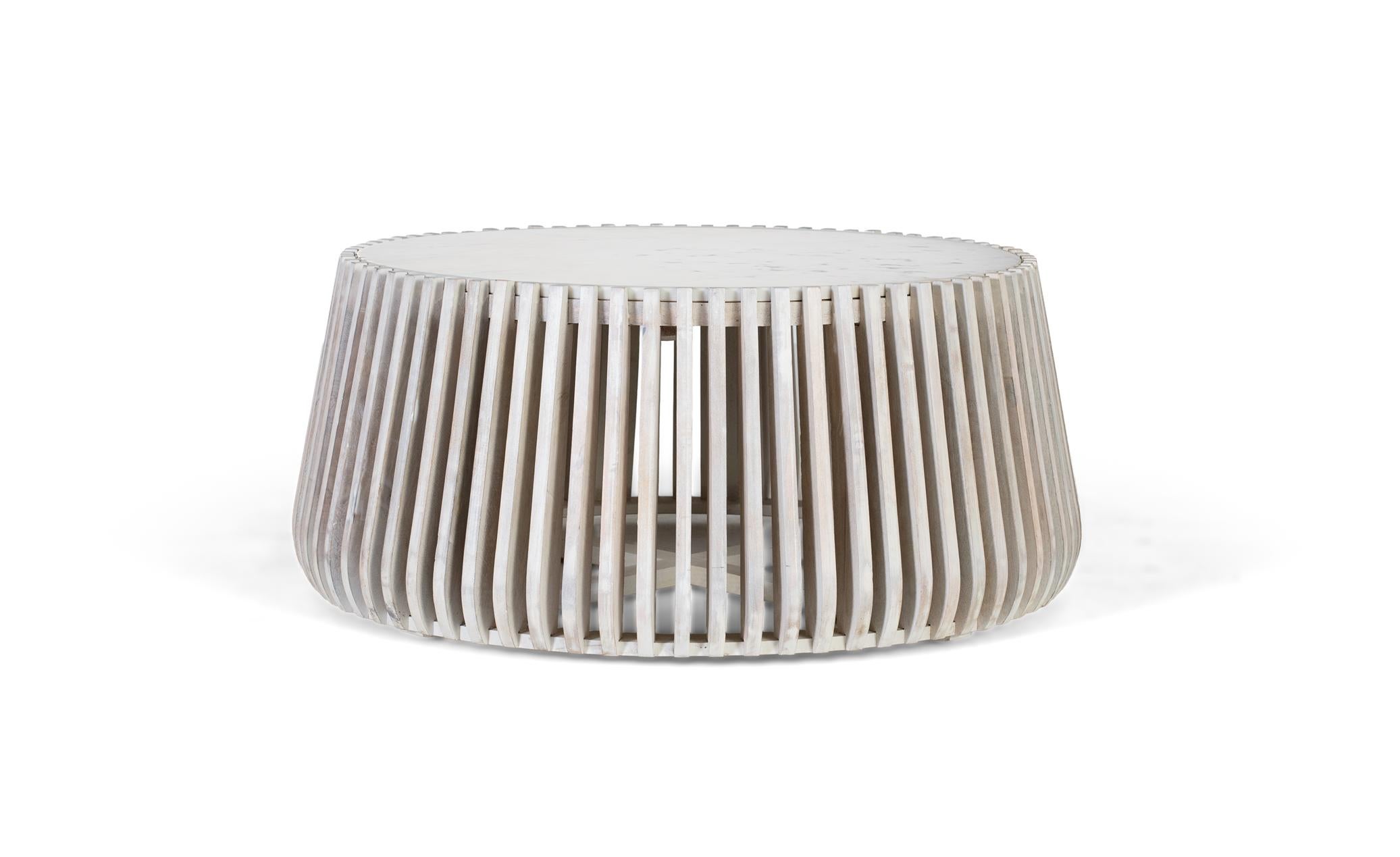 Okrągły stół z białego marmuru i drewna manguier