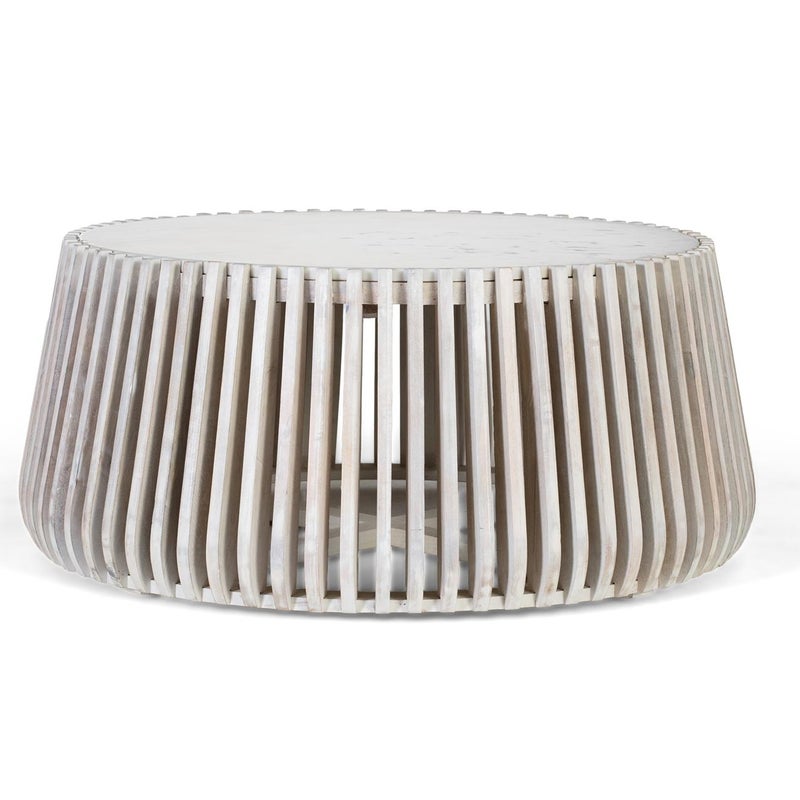 Okrągły stół z białego marmuru i drewna manguier