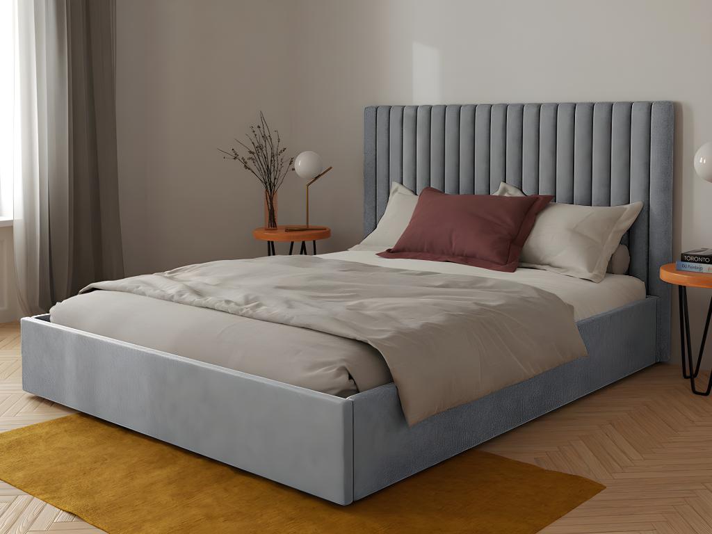 Lit coffre 140 x 190 cm avec tête de lit coutures verticales - Tissu