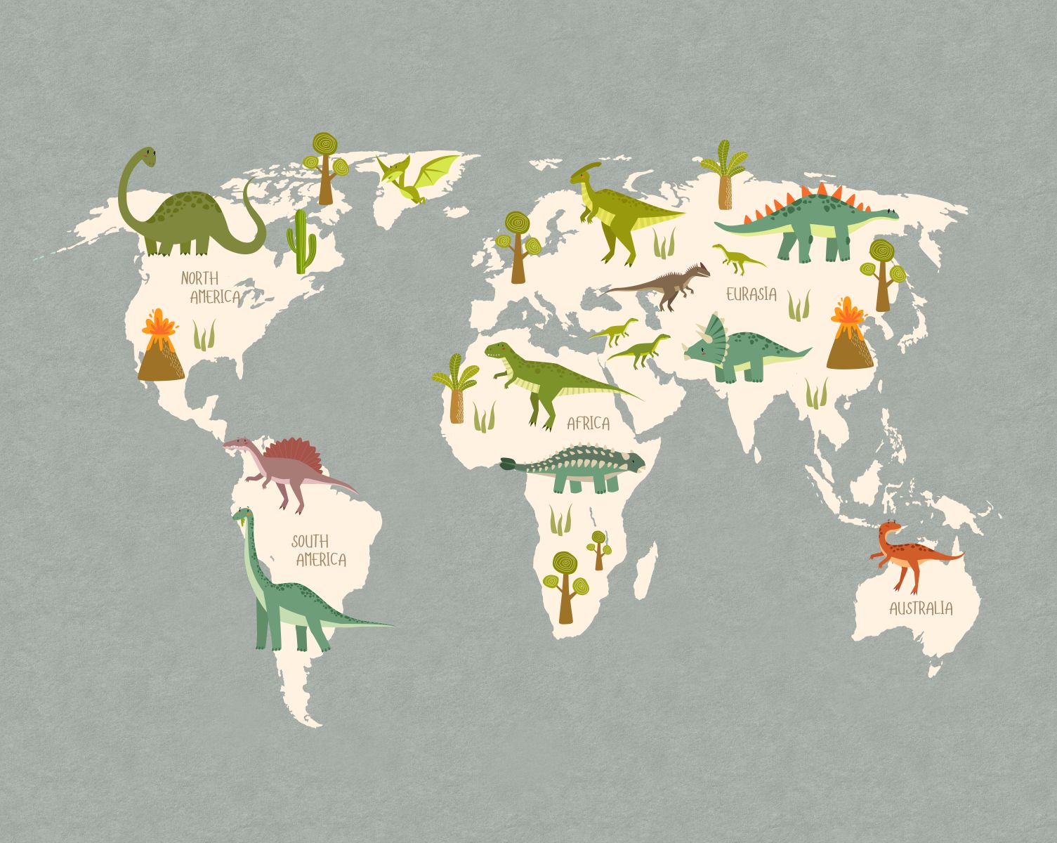 Fotomural mapa mundial para niños gris y verde - 3.5 x 2.79 m - sanders & sanders