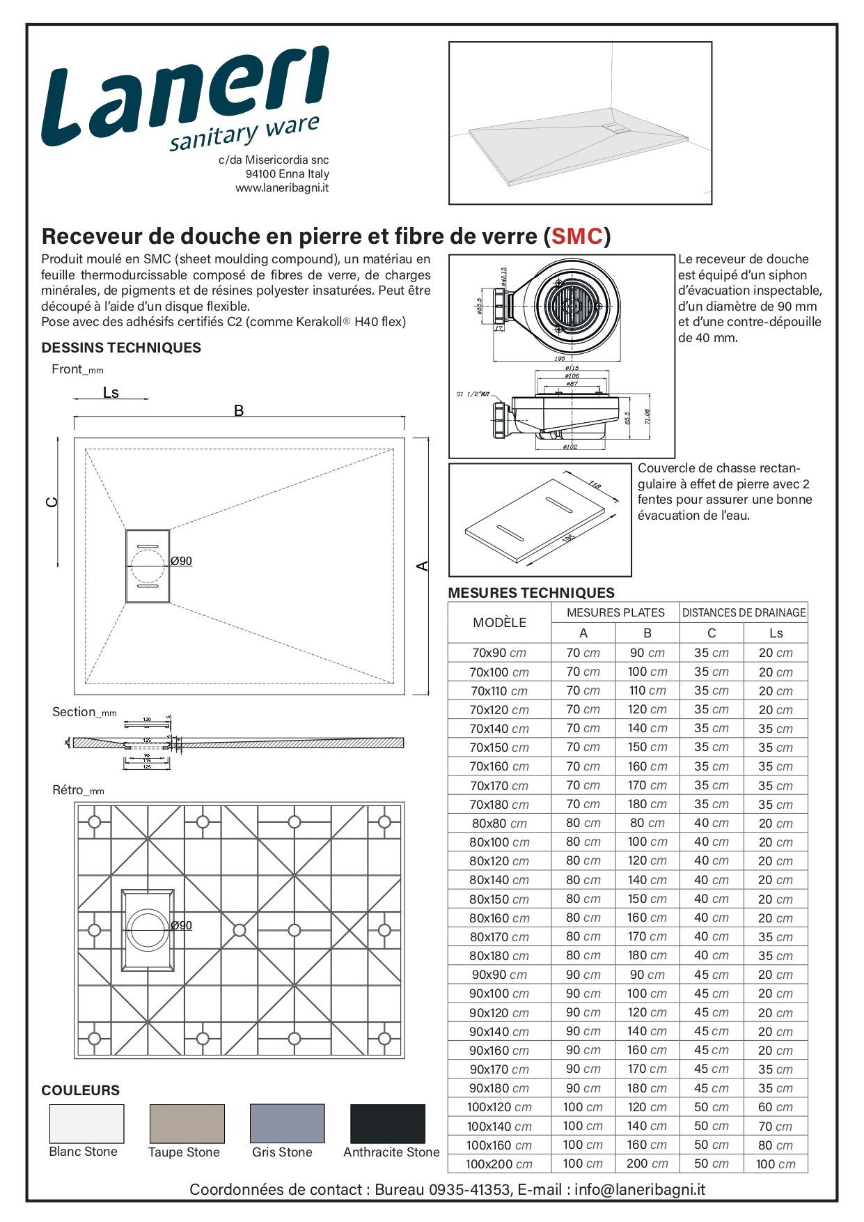 Receveur de douche SMC en fibre de verre effet pierre avec bonde inclus H. 2,6 cm 80 x 100 Noir - 7