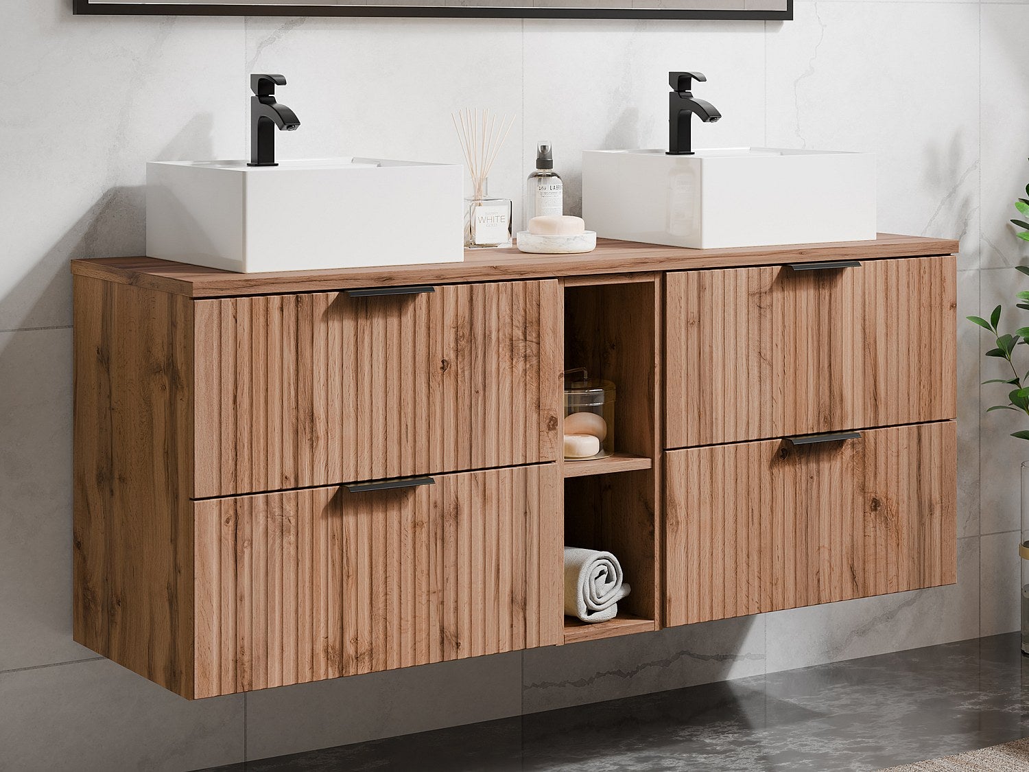 Szafka łazienkowa wisząca ryflowana z wnękami i dwoma kwadratowymi umywalkami nablatowymi - Naturalny jasny - szer. 140 cm - ZEVARA