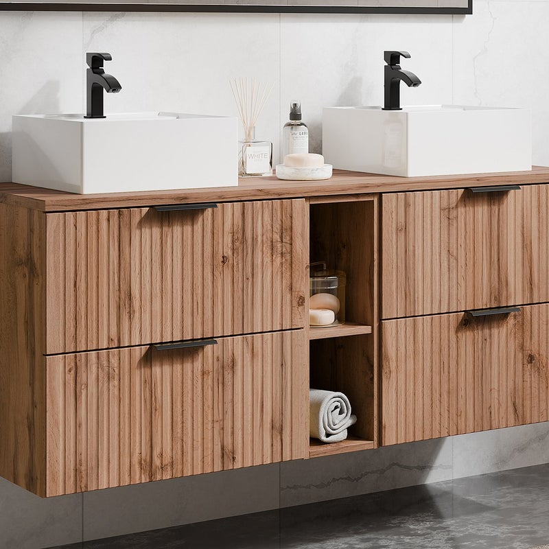 Szafka łazienkowa wisząca ryflowana z wnękami i dwoma kwadratowymi umywalkami nablatowymi - Naturalny jasny - szer. 140 cm - ZEVARA